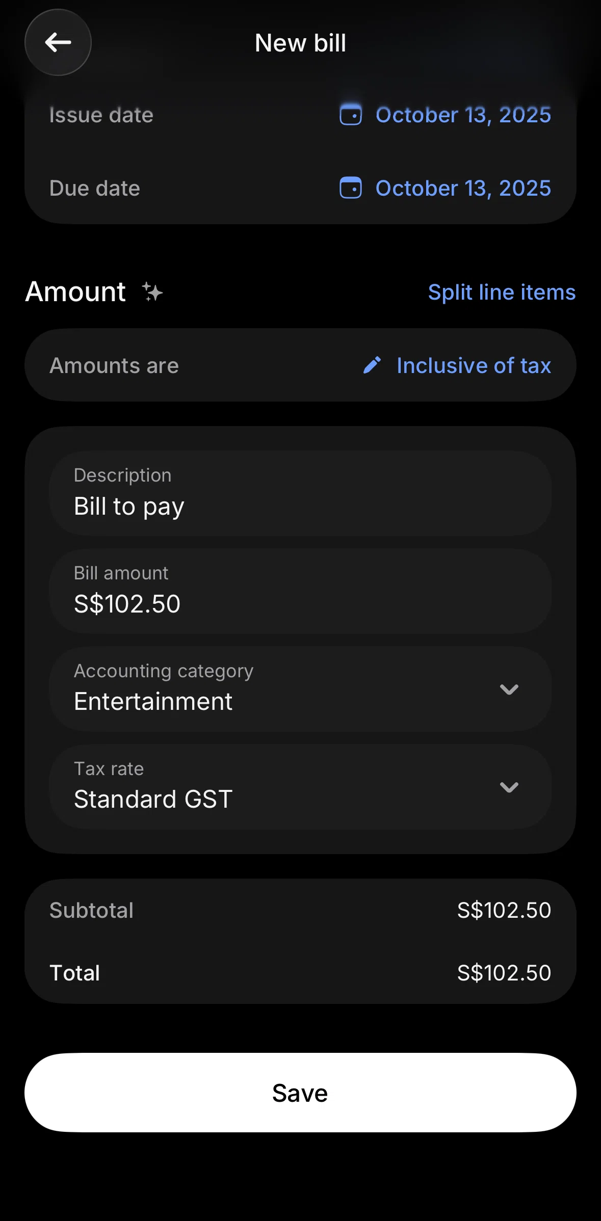 Revolut Business Screen screen in the Splitting line items flow