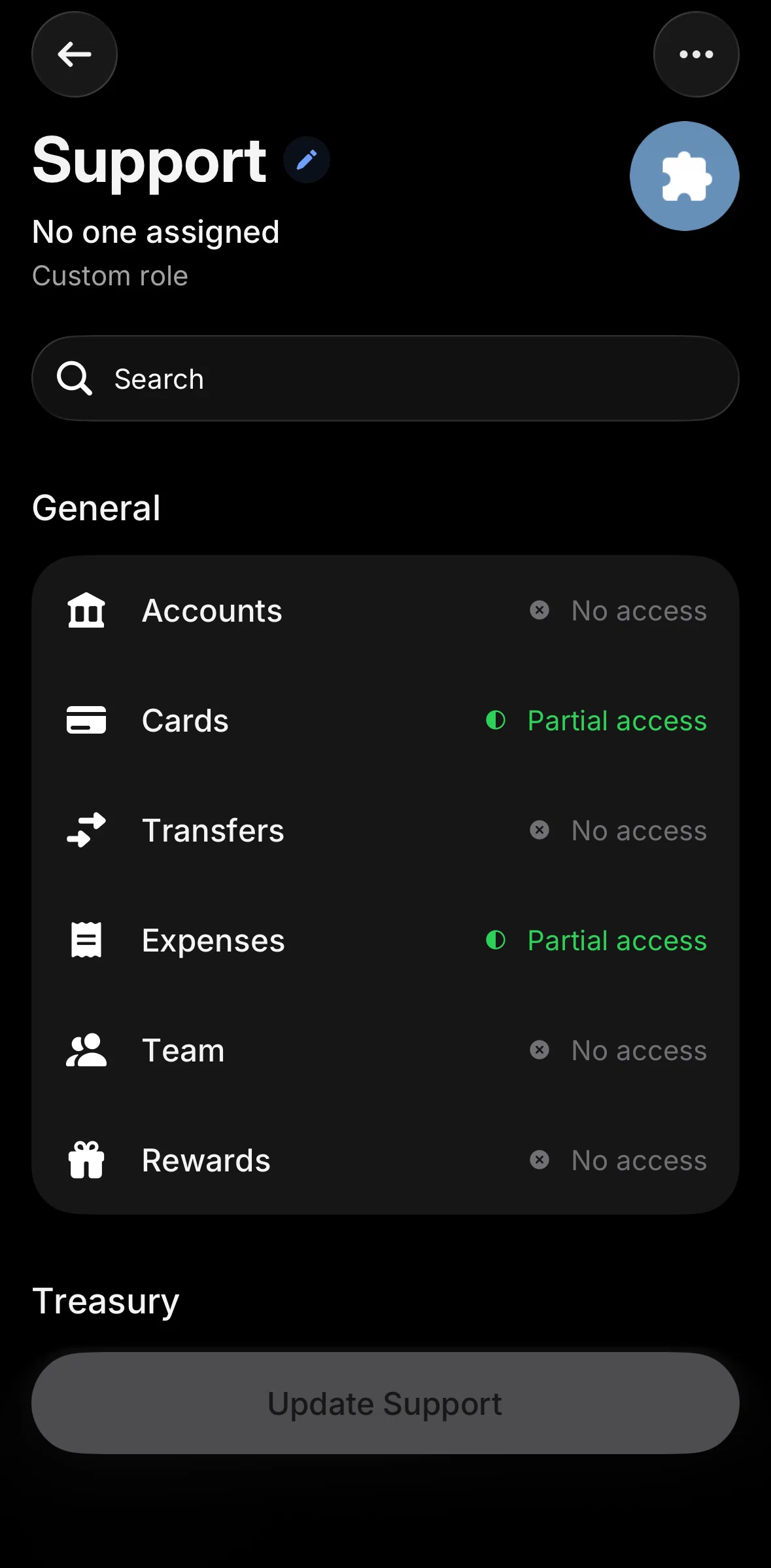 Revolut Business Screen screen in the Updating a role access flow