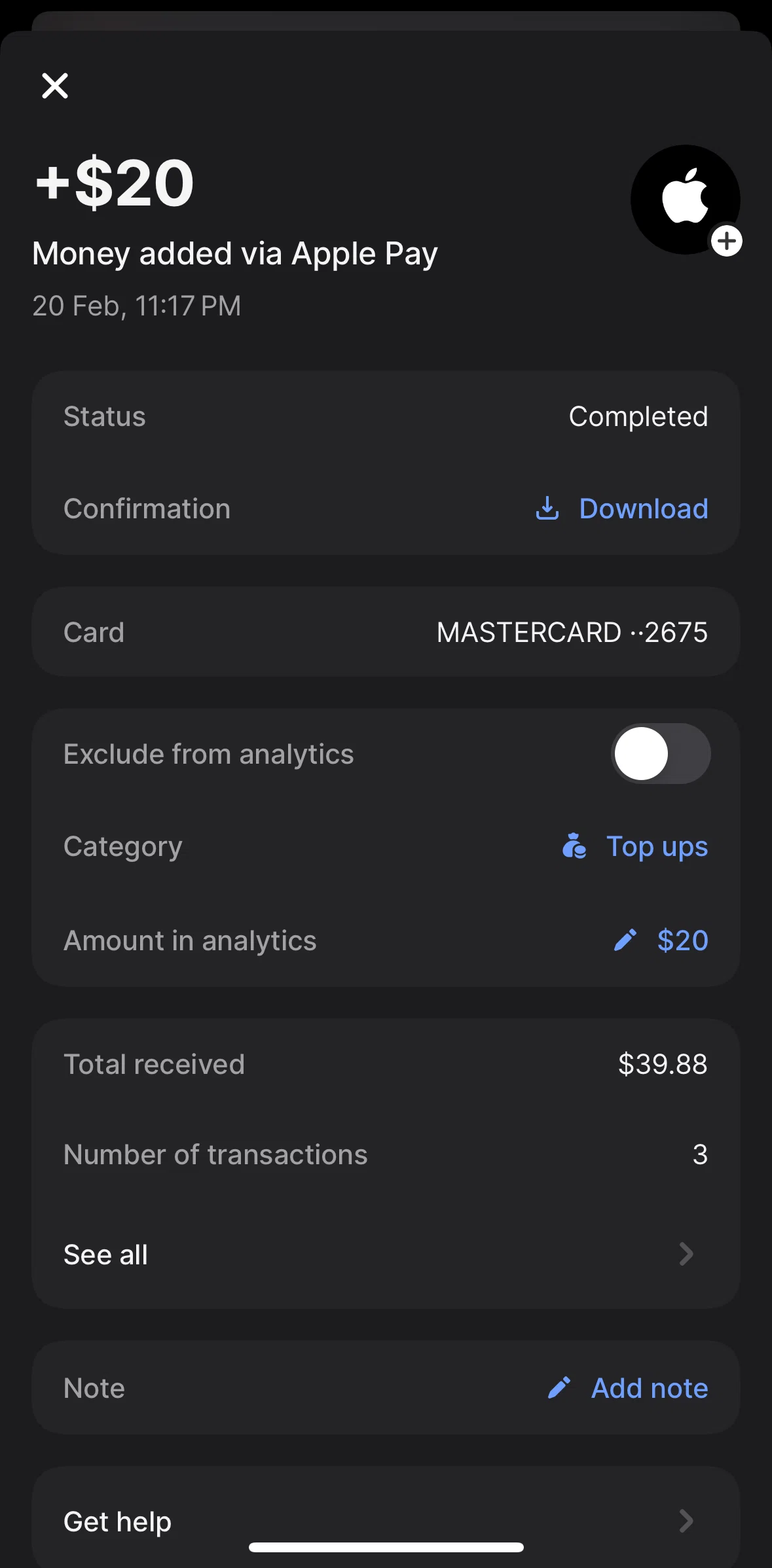 Revolut Screen screen in the Adding a note flow