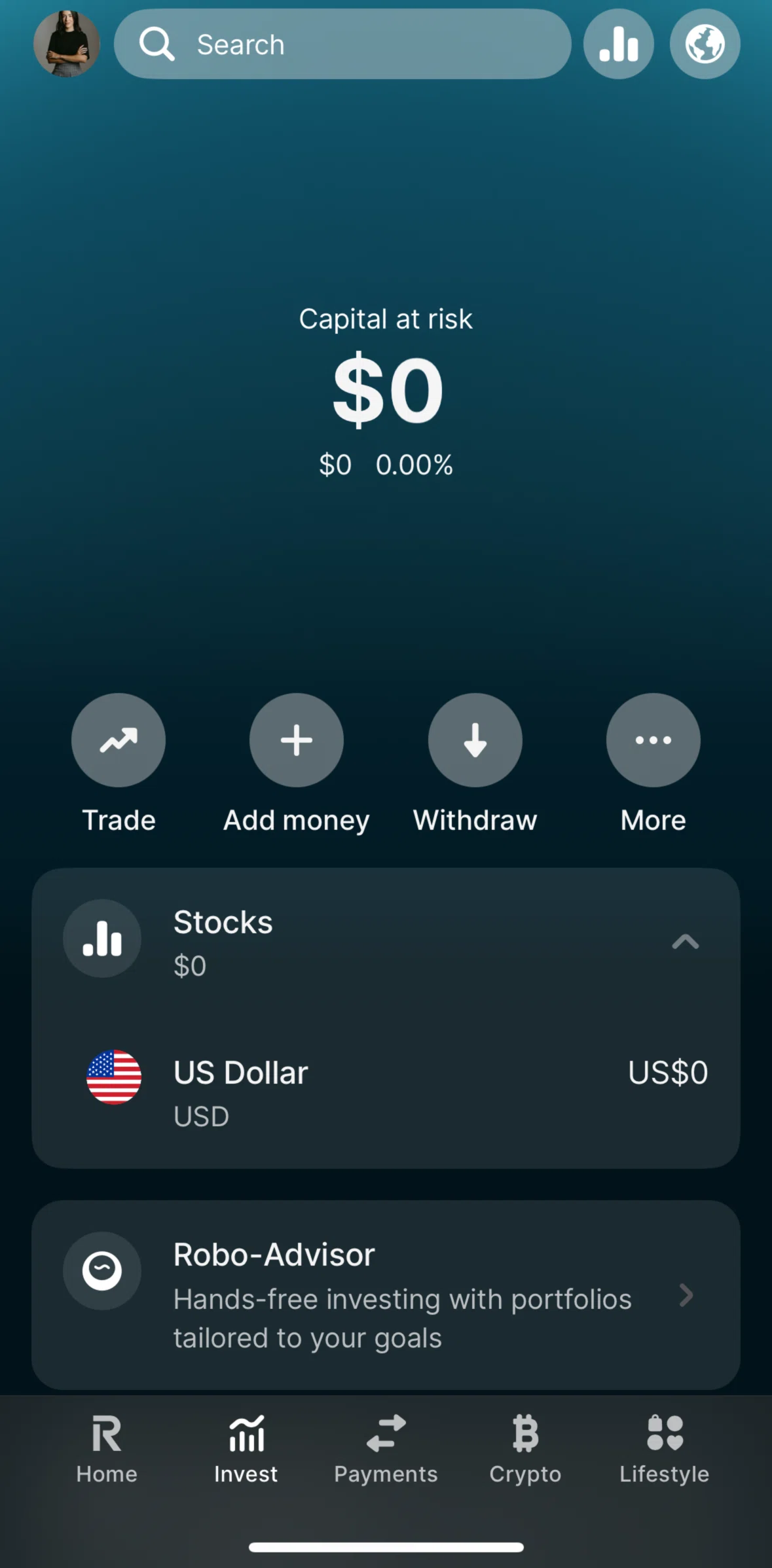 Revolut Screen screen in the Adding money (Invest) flow