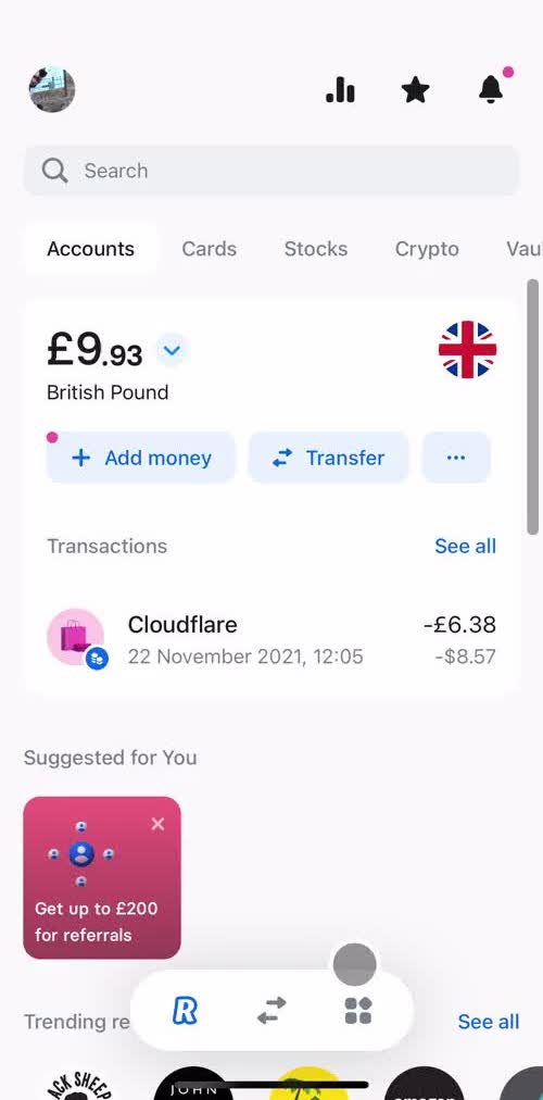 Revolut Home screen in the Analytics Stats flow