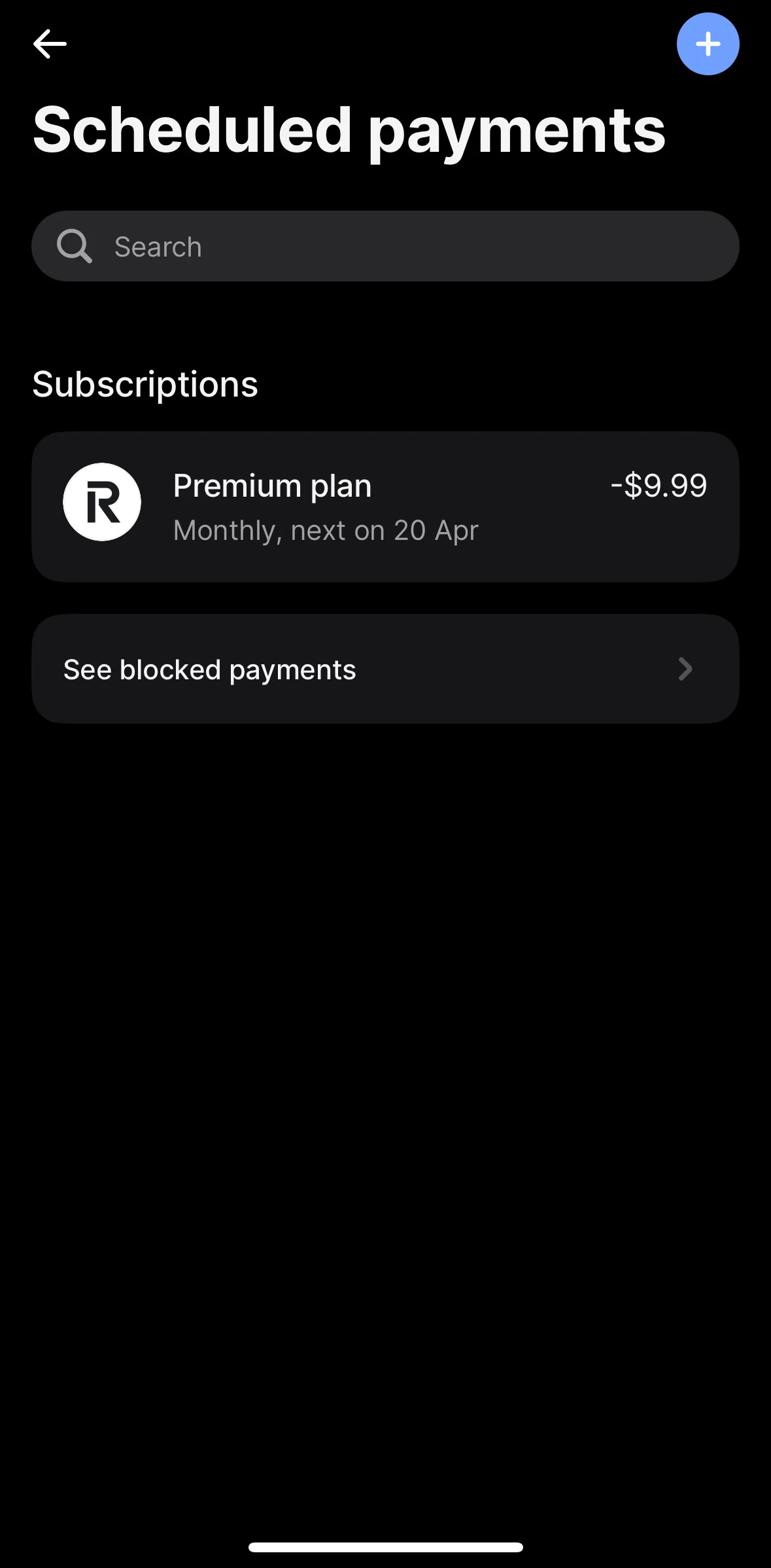 Revolut Screen screen in the Blocking a subscription flow