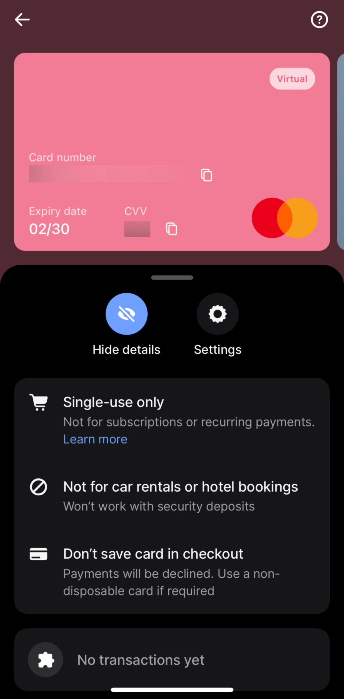 Revolut Screen screen in the Card settings flow