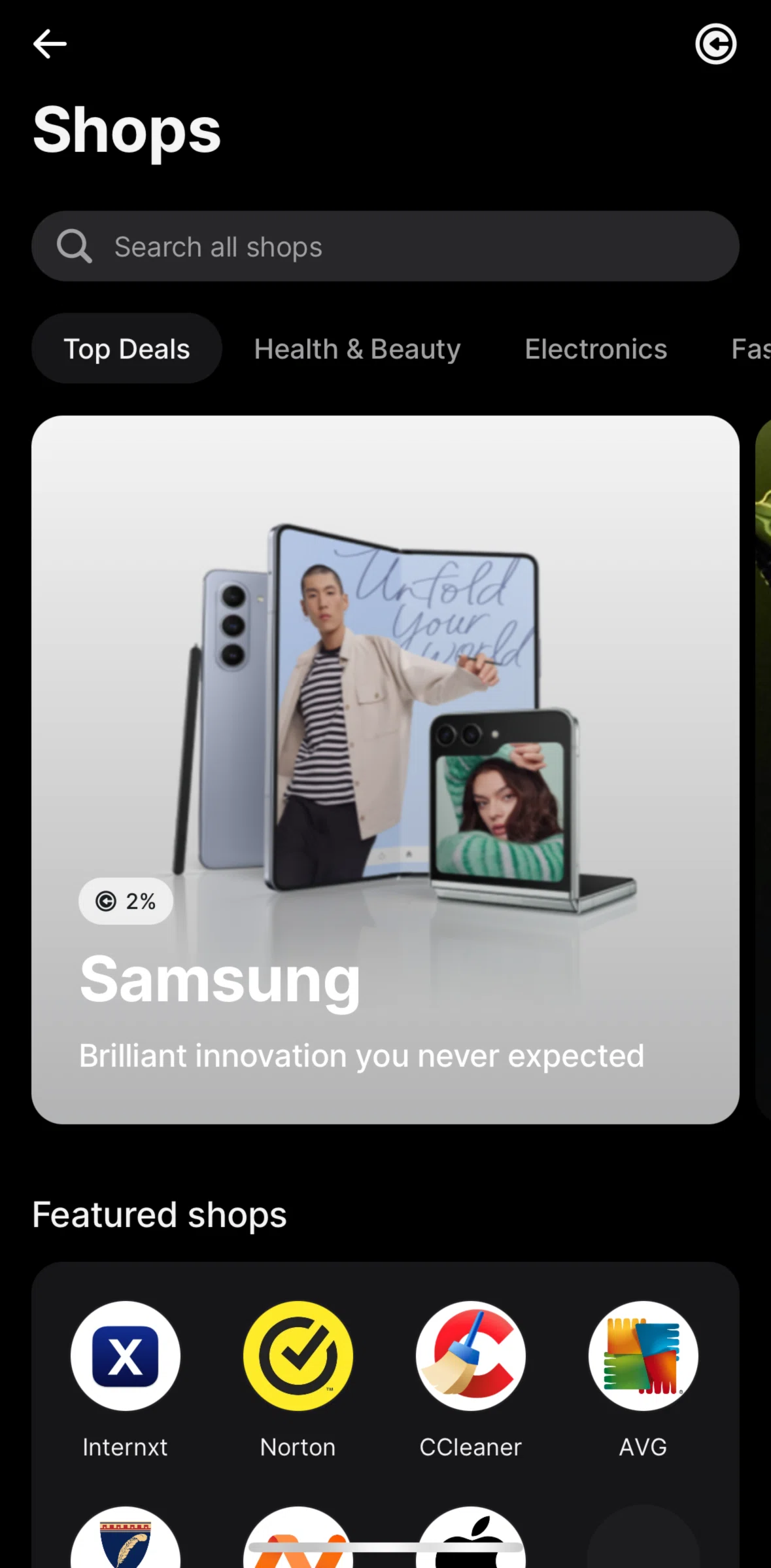 Revolut Screen screen in the Cashback flow