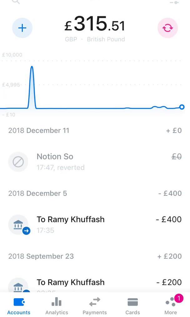 Revolut Activity feed screen in the Exporting Data flow