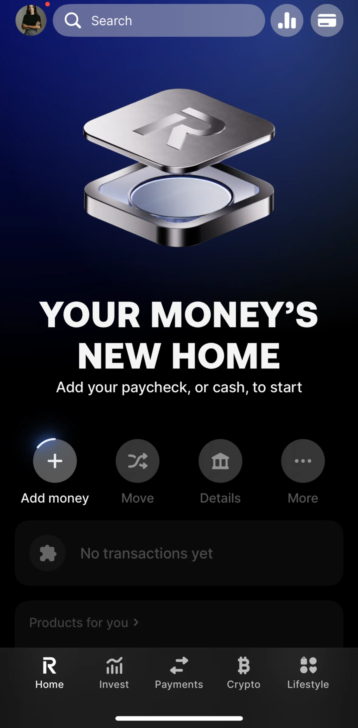 Revolut Screen screen in the Home flow