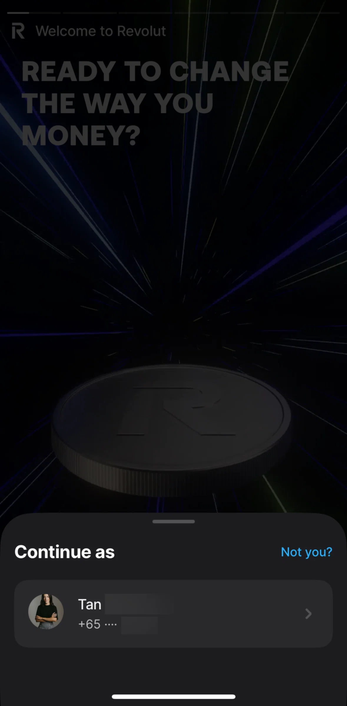 Revolut Screen screen in the Logging in (different account) flow