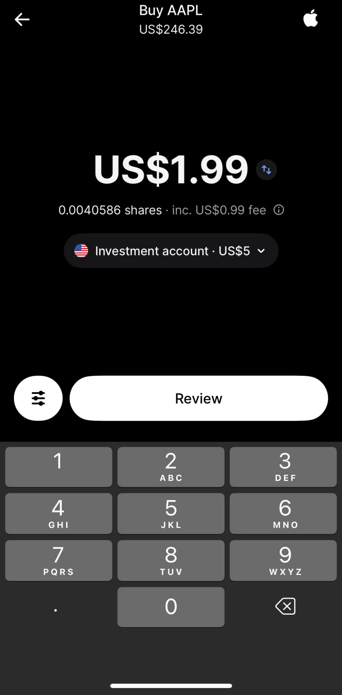 Revolut Screen screen in the Order types flow