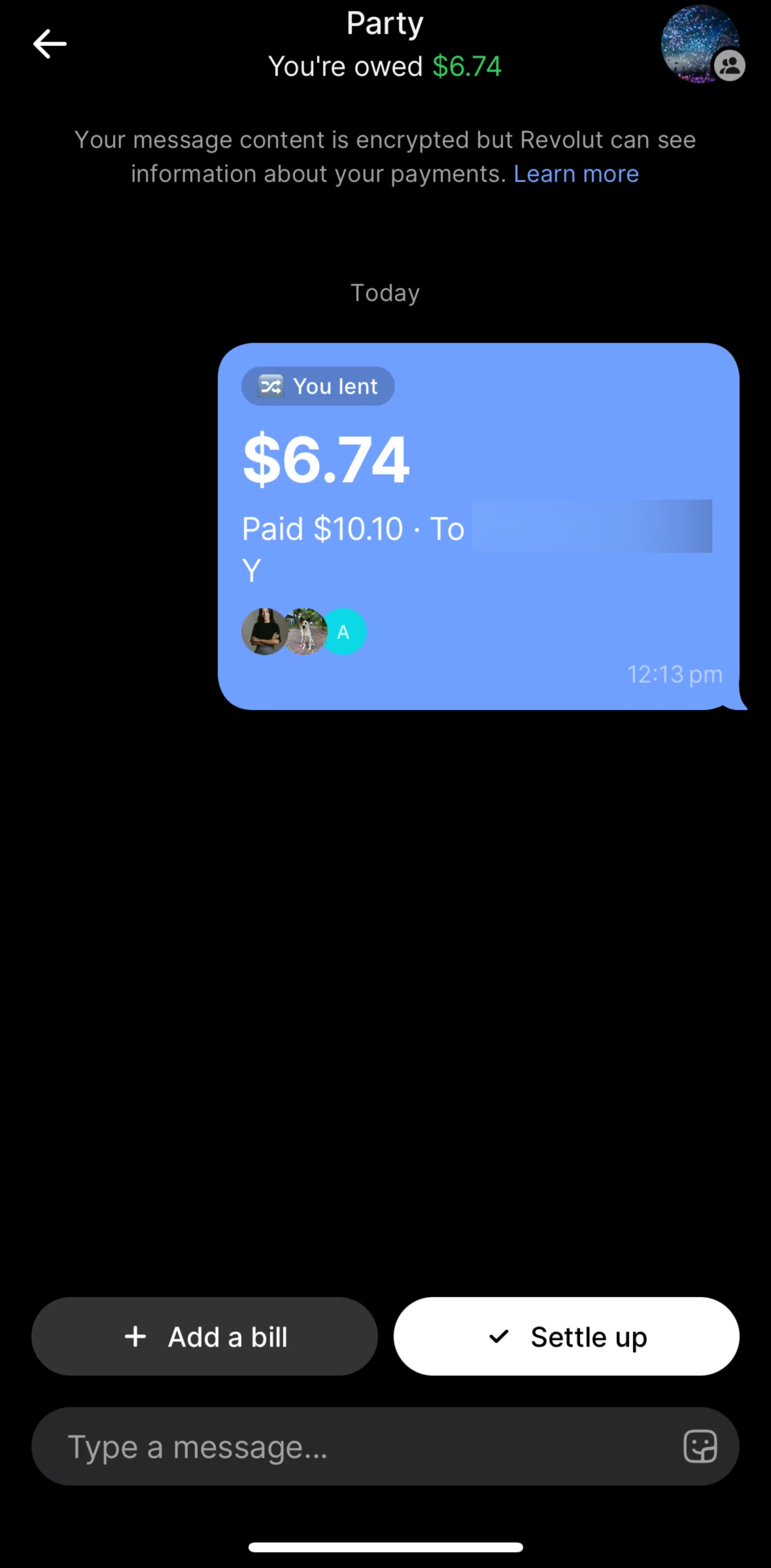 Revolut Screen screen in the Sending a reminder flow