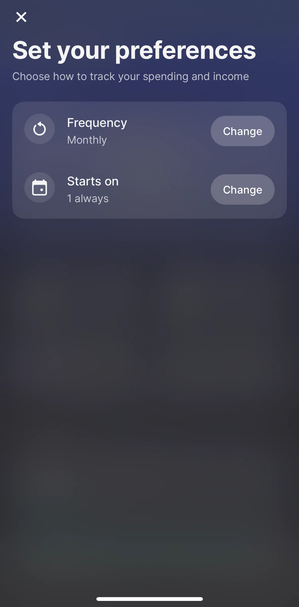 Revolut Screen screen in the Setting tracking frequency (monthly) flow