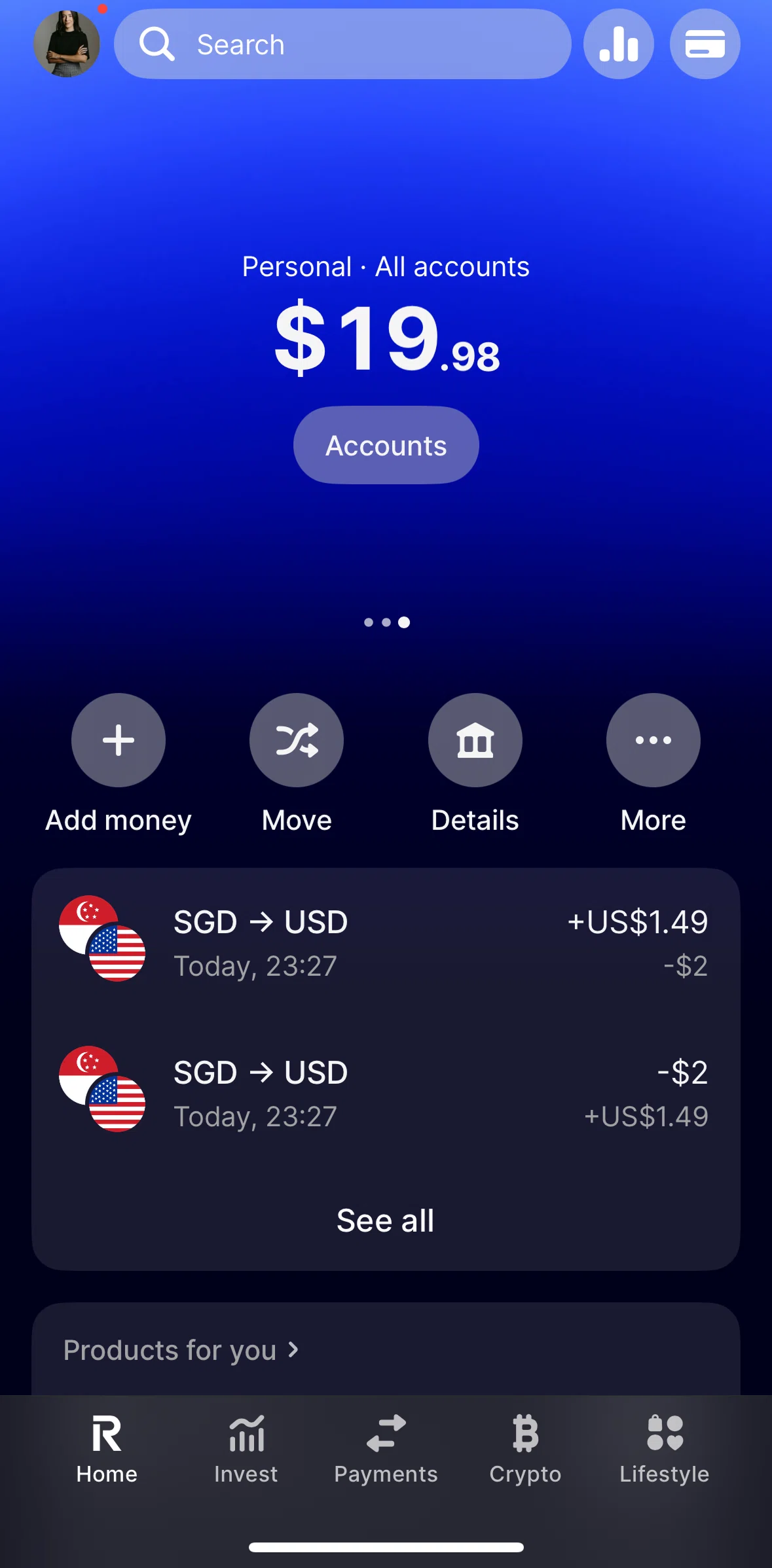 Revolut Screen screen in the Transaction history flow