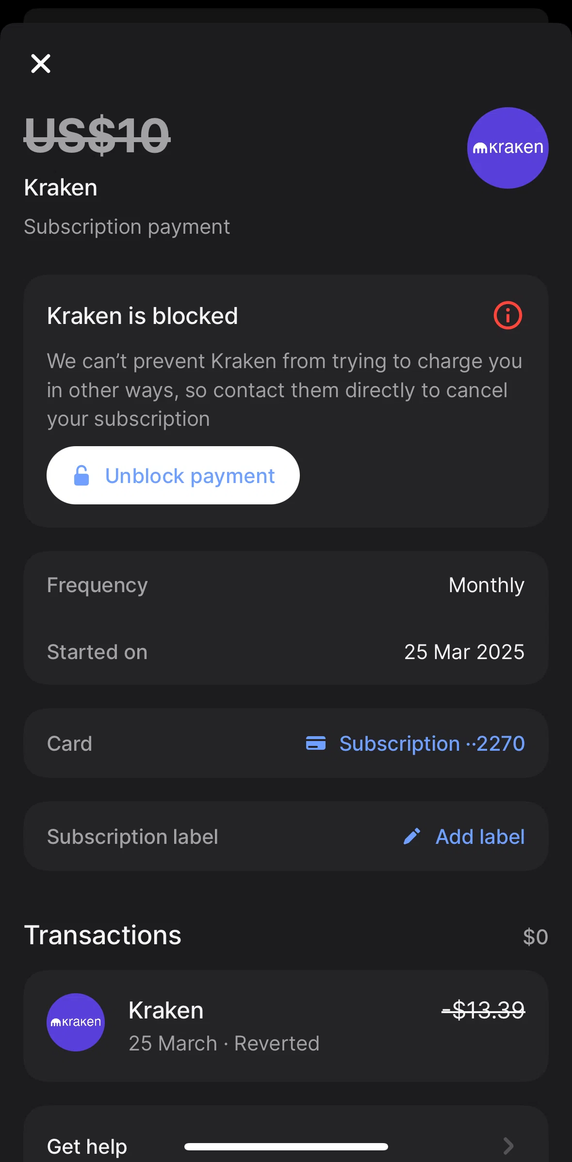 Revolut Screen screen in the Unblocking a subscription flow