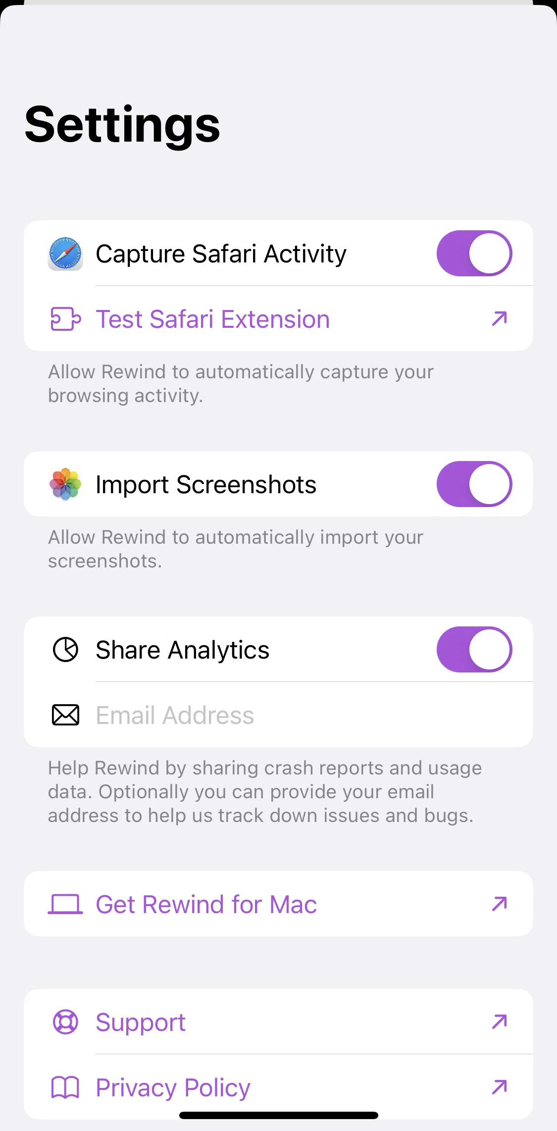 Rewind Screen screen in the Privacy policy flow