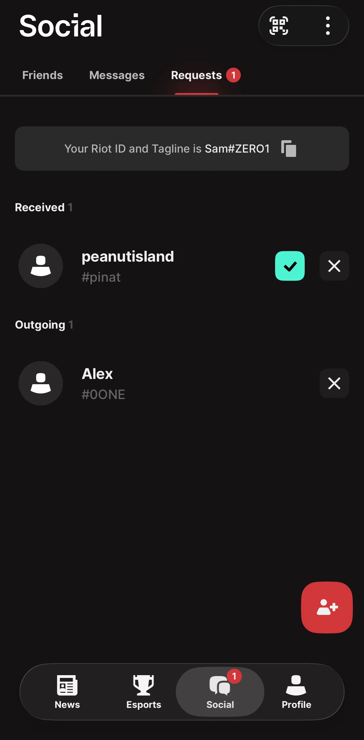 Riot Mobile Screen screen in the Accepting a friend request flow