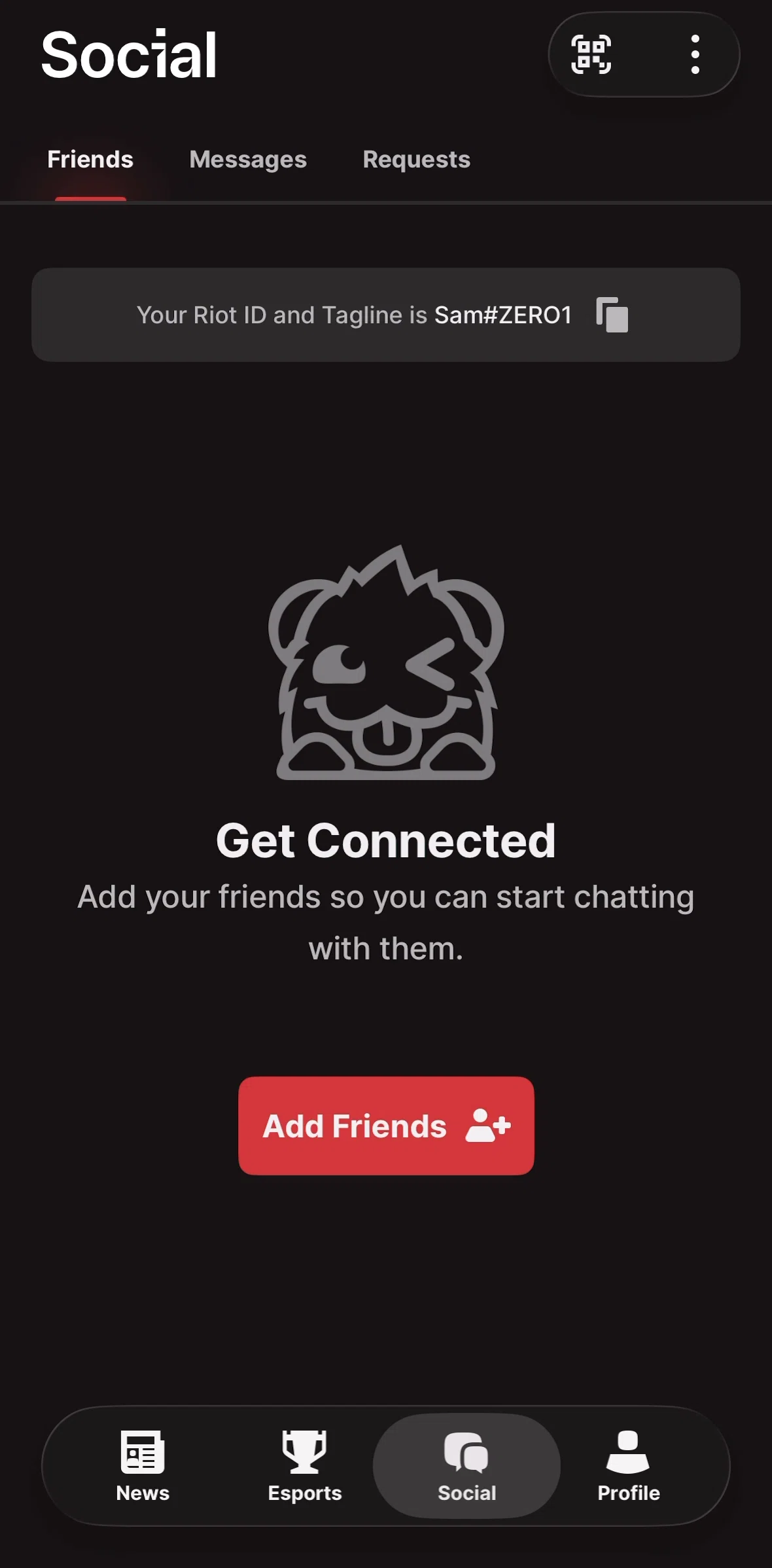 Riot Mobile Screen screen in the Adding a friend flow