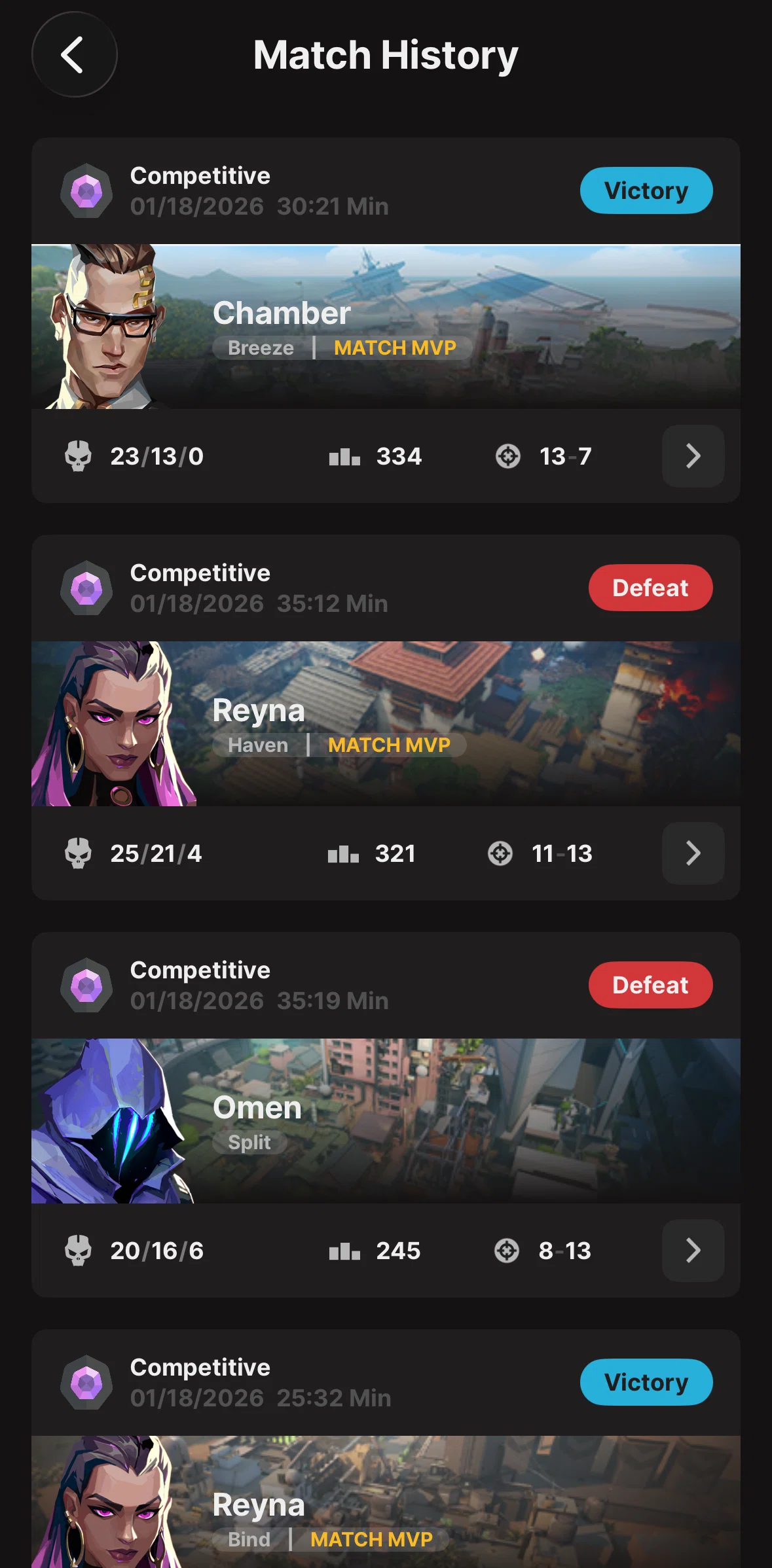 Riot Mobile Screen screen in the History detail (Valorant) flow