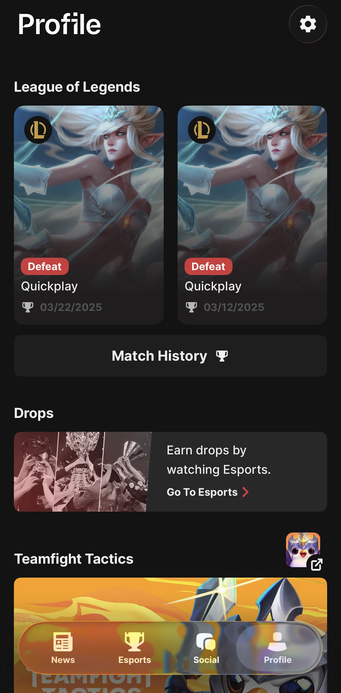 Riot Mobile Screen screen in the Match history (League of Legends) flow