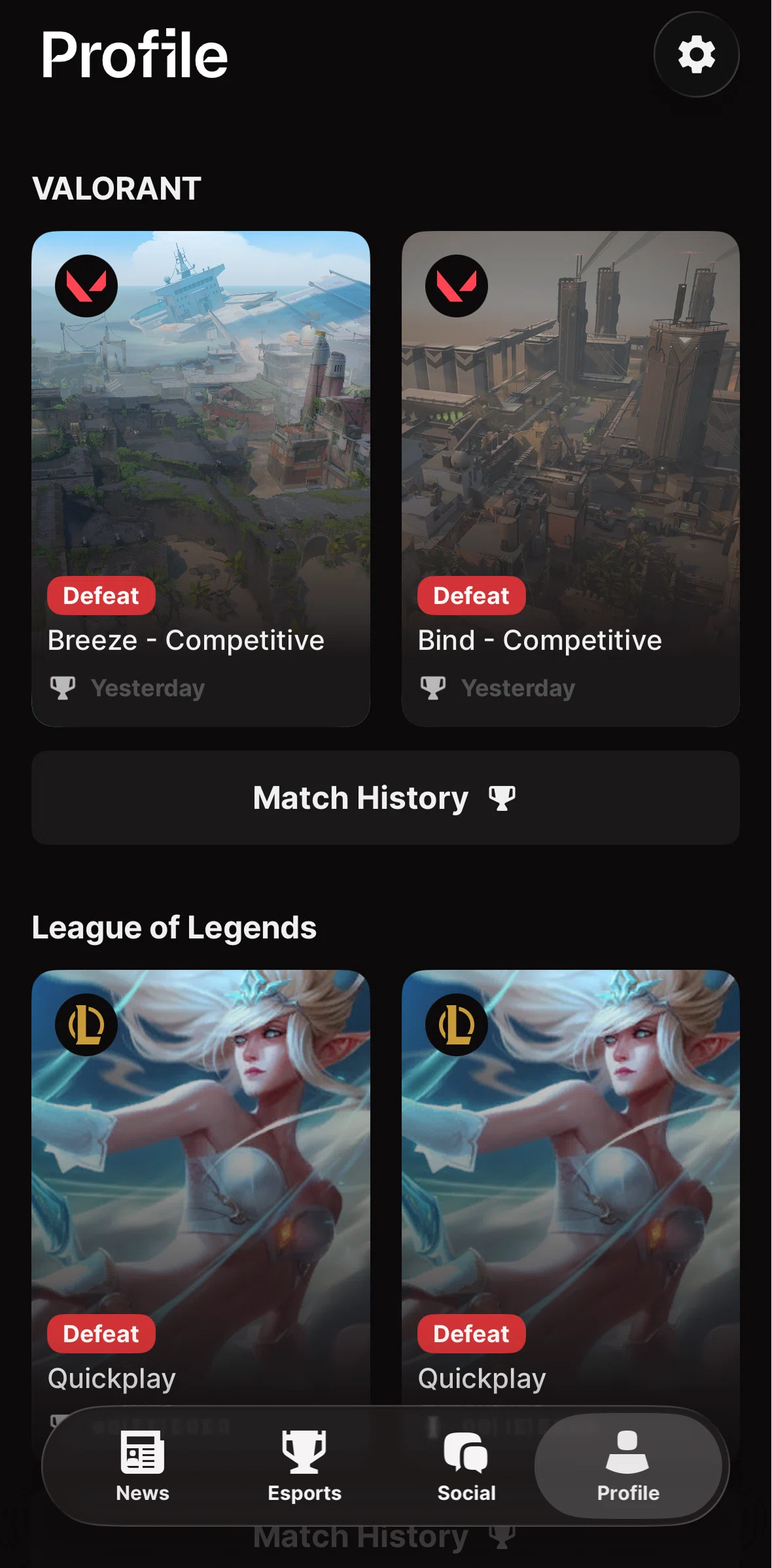 Riot Mobile Screen screen in the Match history (Valorant) flow