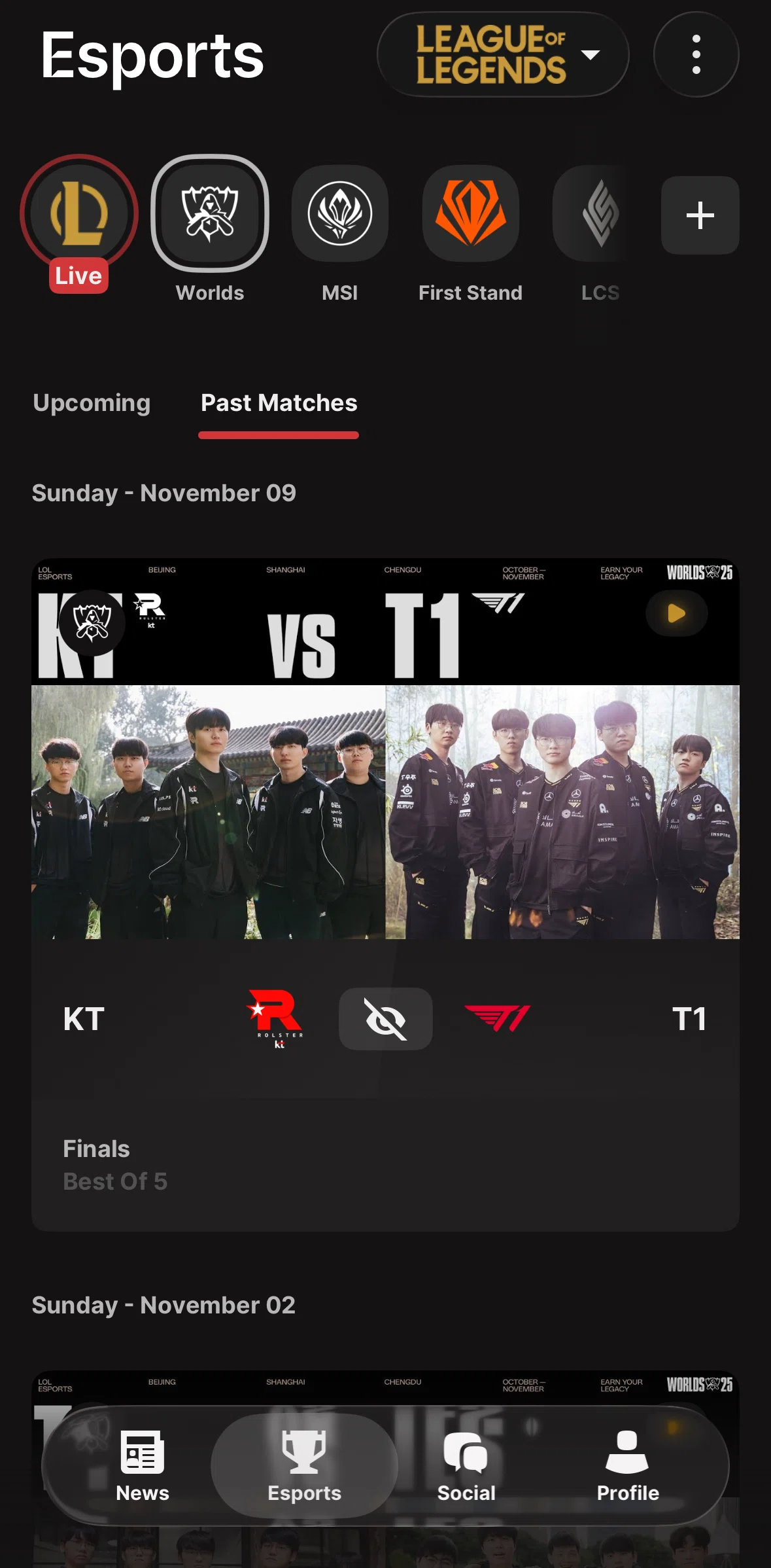 Riot Mobile Screen screen in the Past matches flow