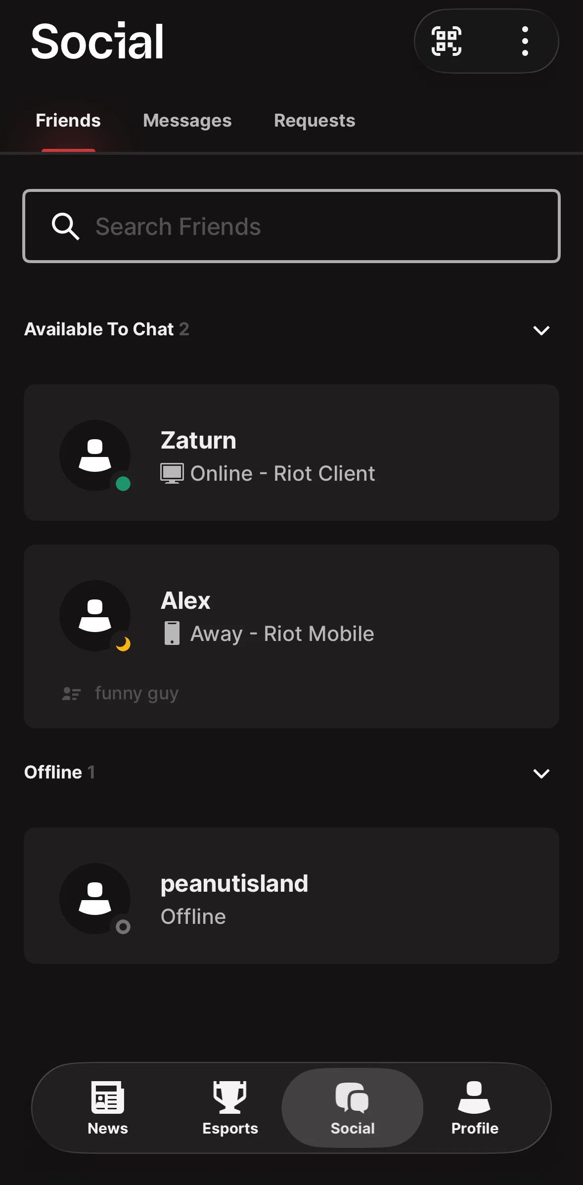 Riot Mobile Screen screen in the Searching friends flow