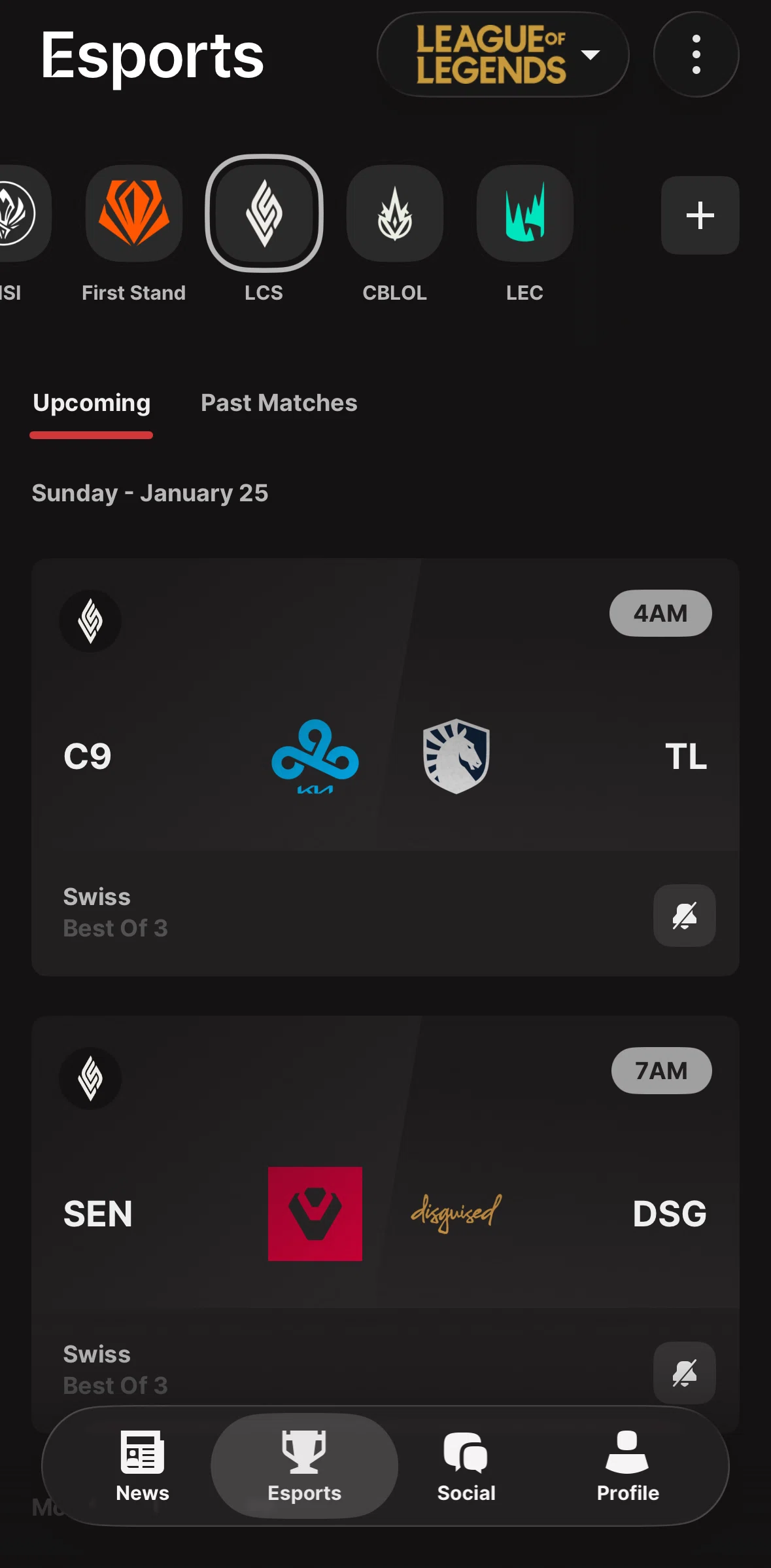 Riot Mobile Screen screen in the Upcoming matches flow