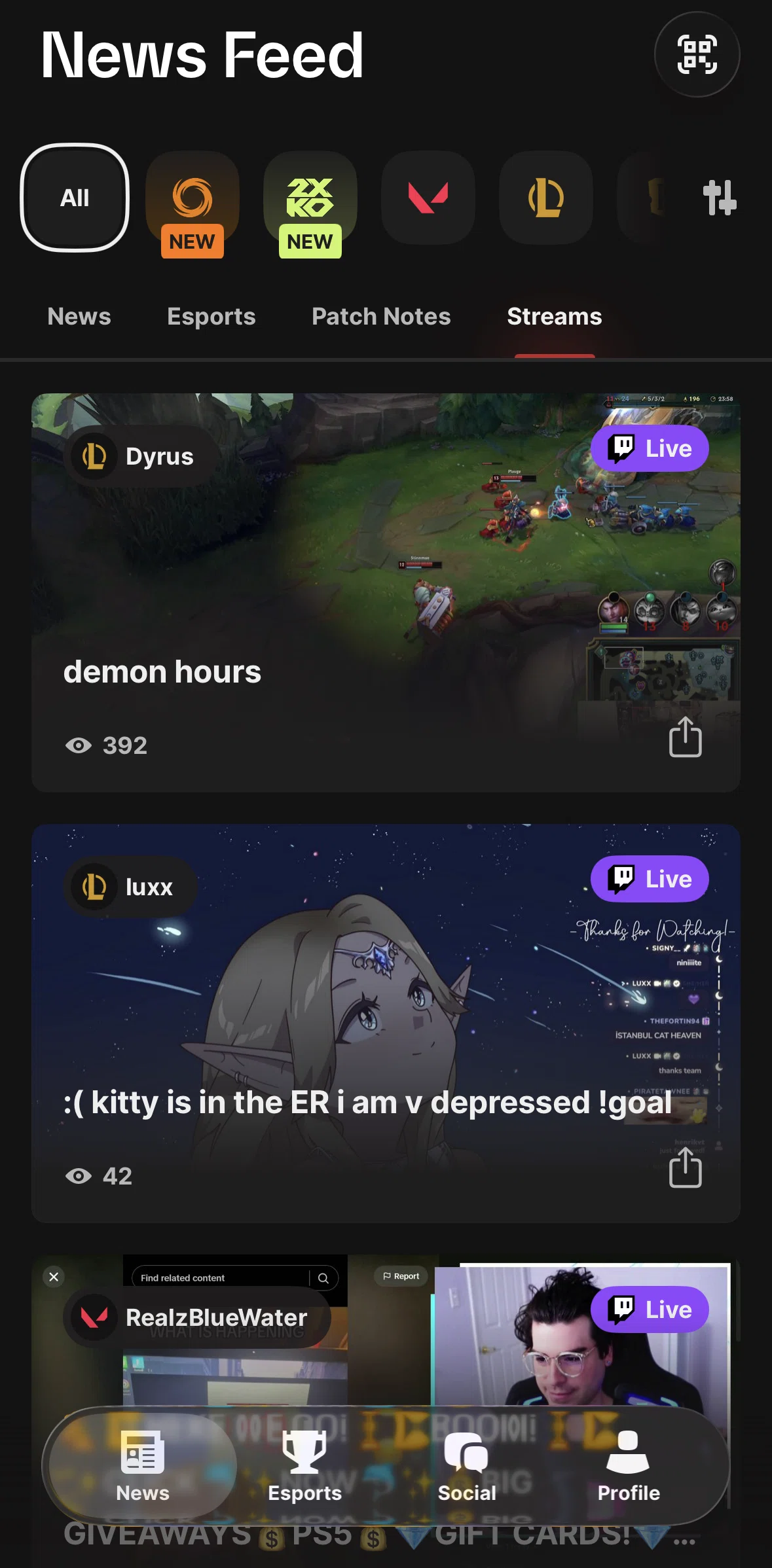 Riot Mobile Screen screen in the Watching a livestream flow