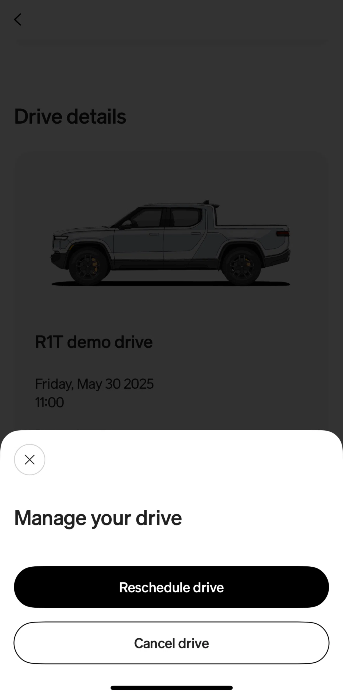 Rivian Screen screen in the Cancel a drive flow