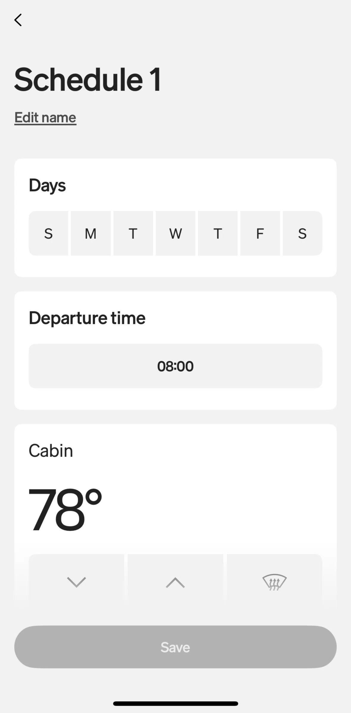 Rivian Screen screen in the Editing a schedule name flow