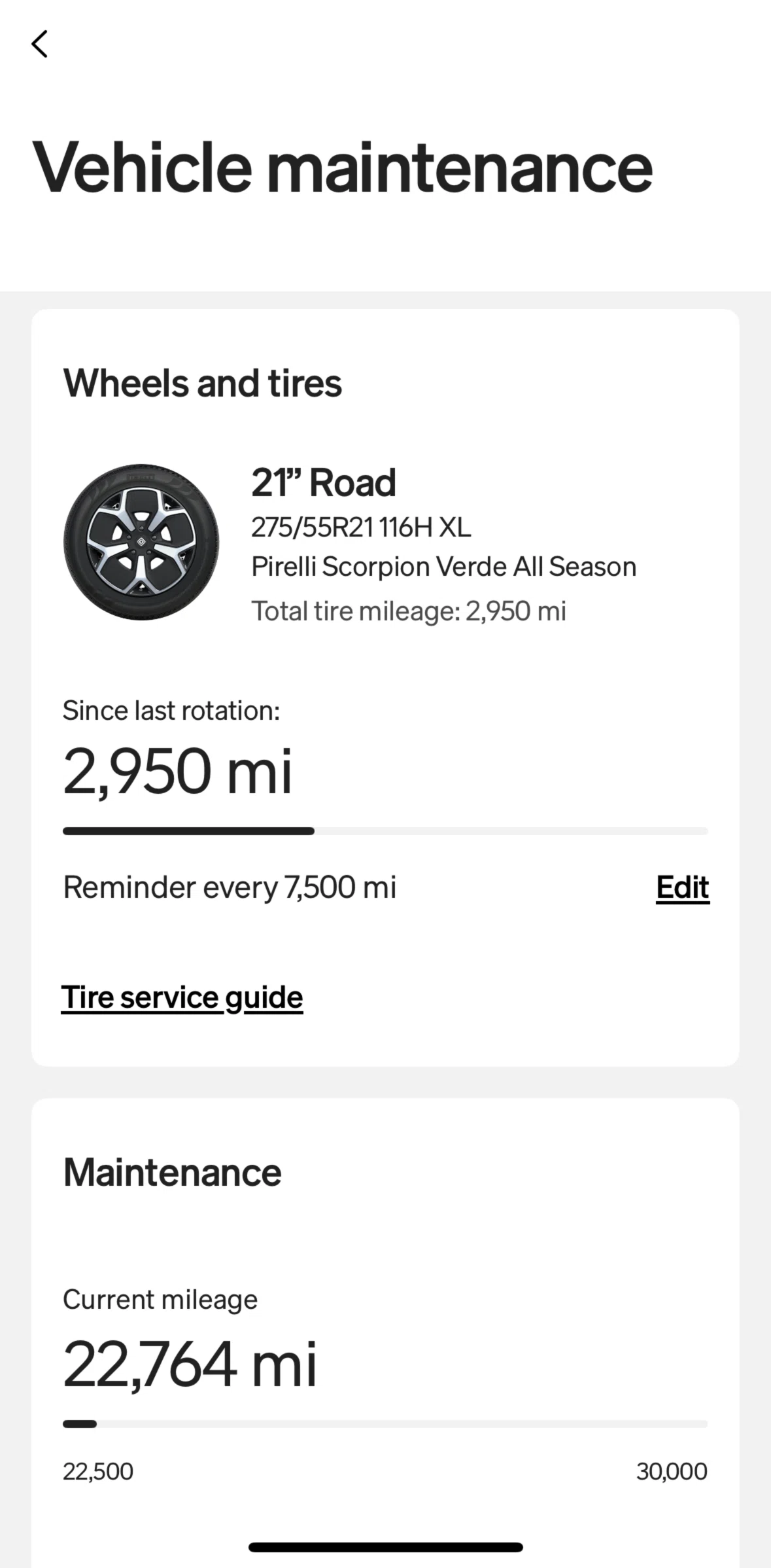 Rivian Screen screen in the Editing tire rotation reminder flow