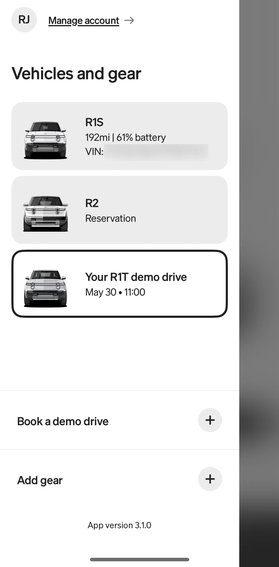 Rivian Screen screen in the Manage account flow