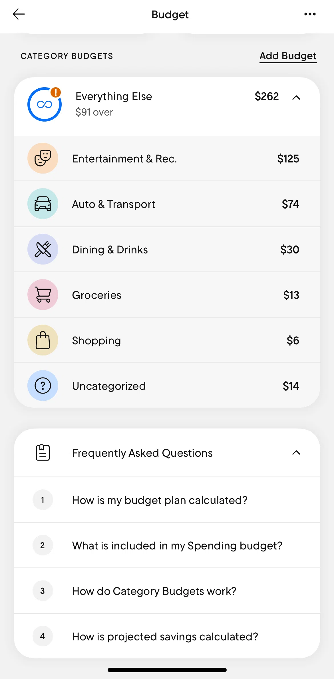 Rocket Money Screen screen in the Adding a budget flow