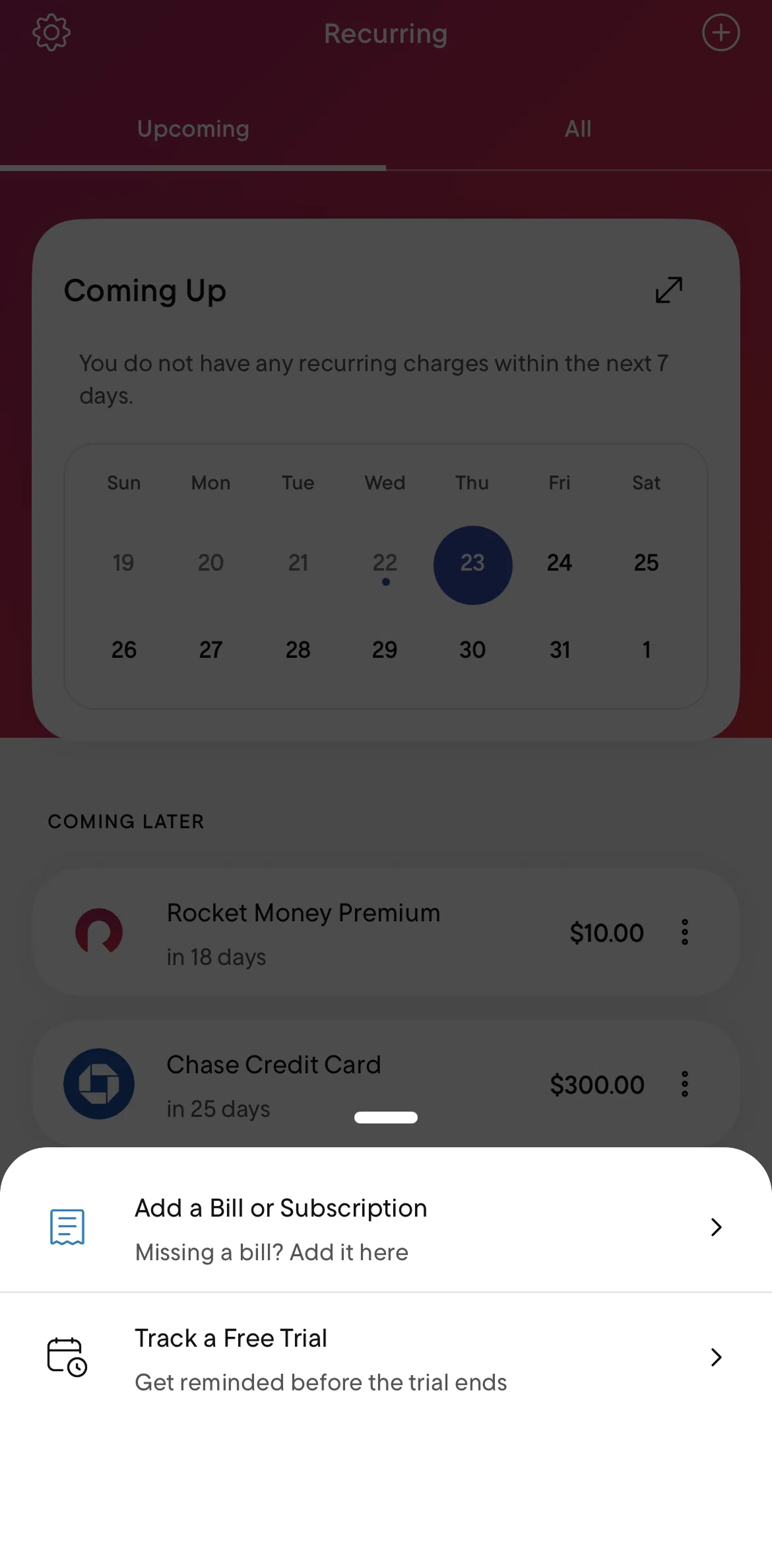 Rocket Money Screen screen in the Adding a free trial reminder flow
