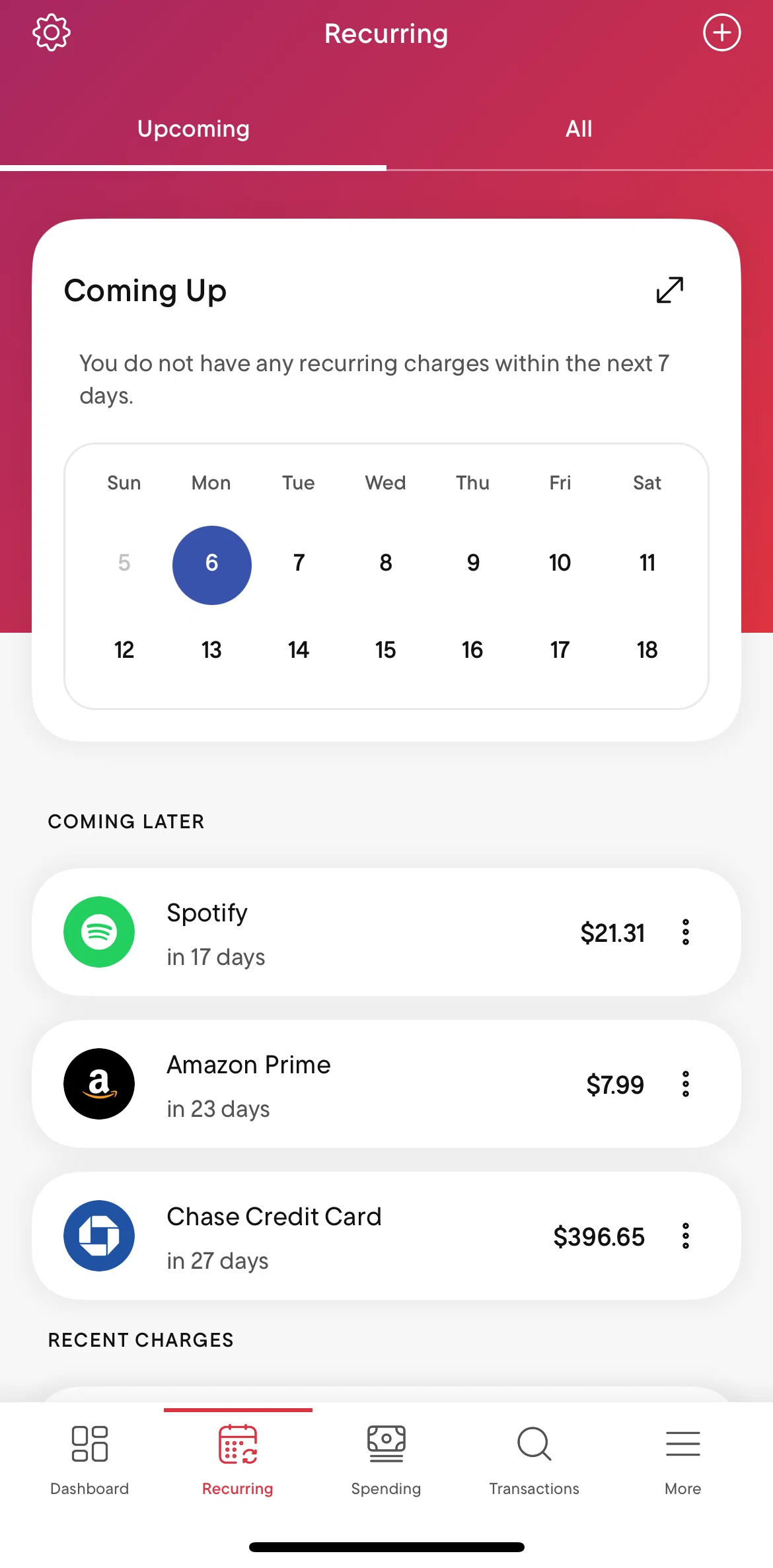 Rocket Money Screen screen in the Charge history flow