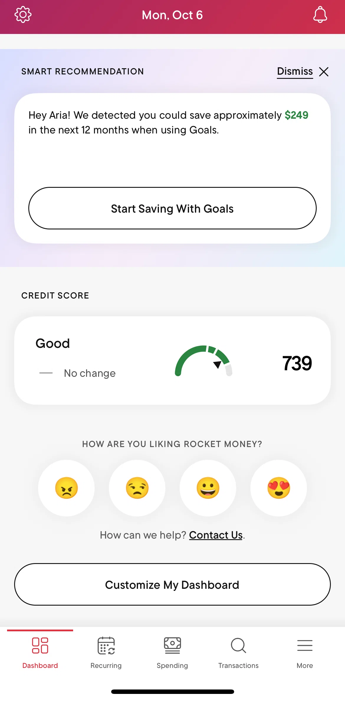 Rocket Money Screen screen in the Customizing a dashboard flow