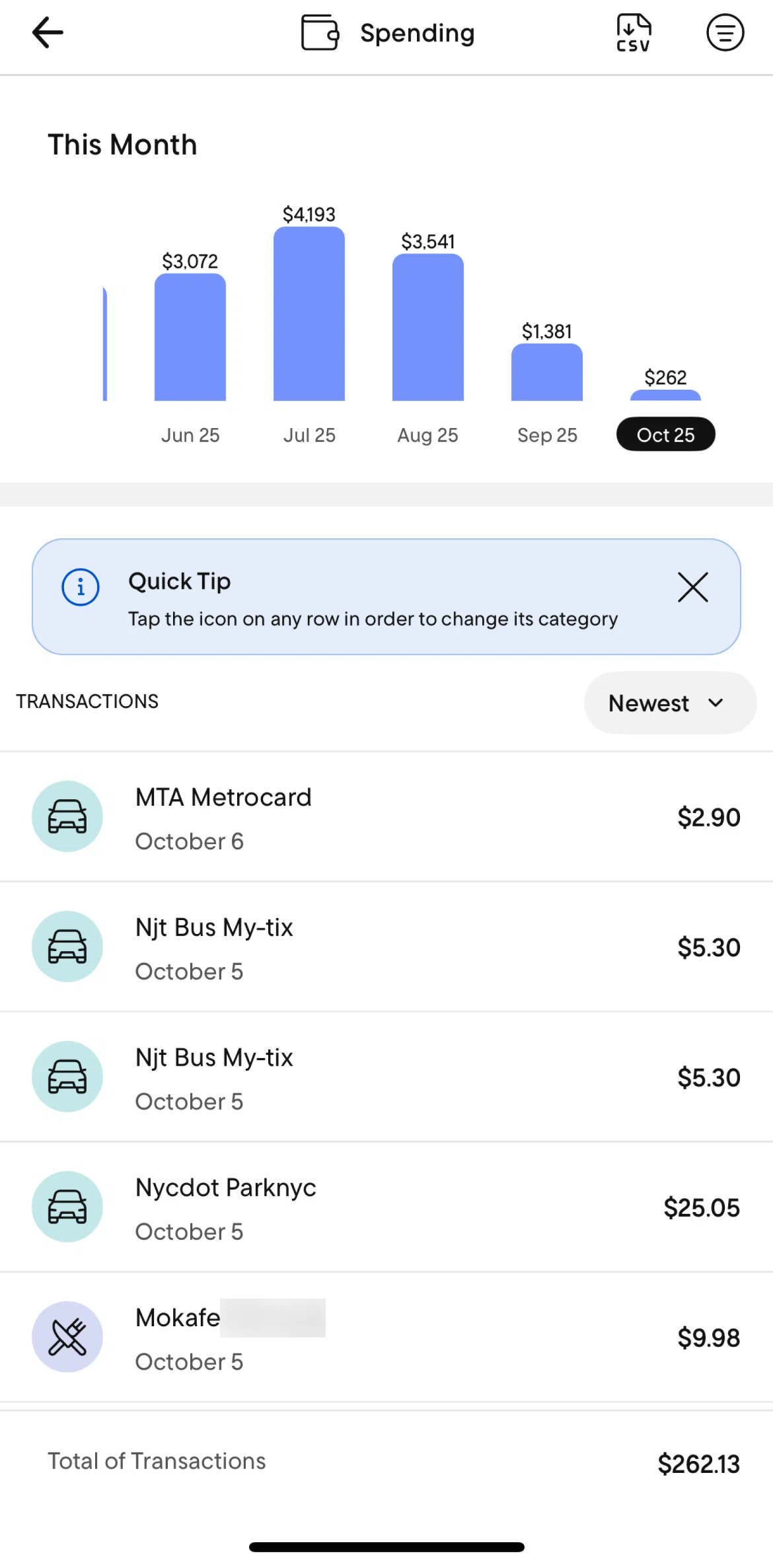 Rocket Money Screen screen in the Filtering spending flow