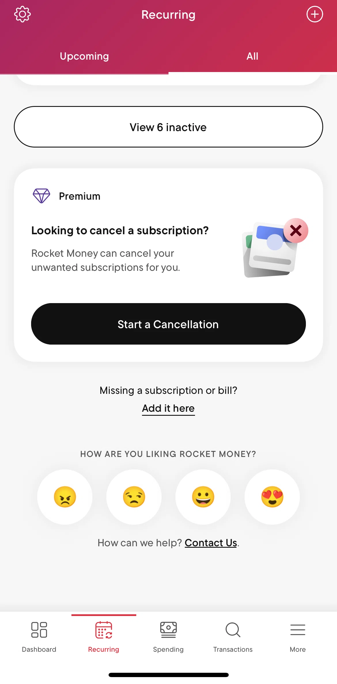 Rocket Money Screen screen in the Inactive subscriptions flow