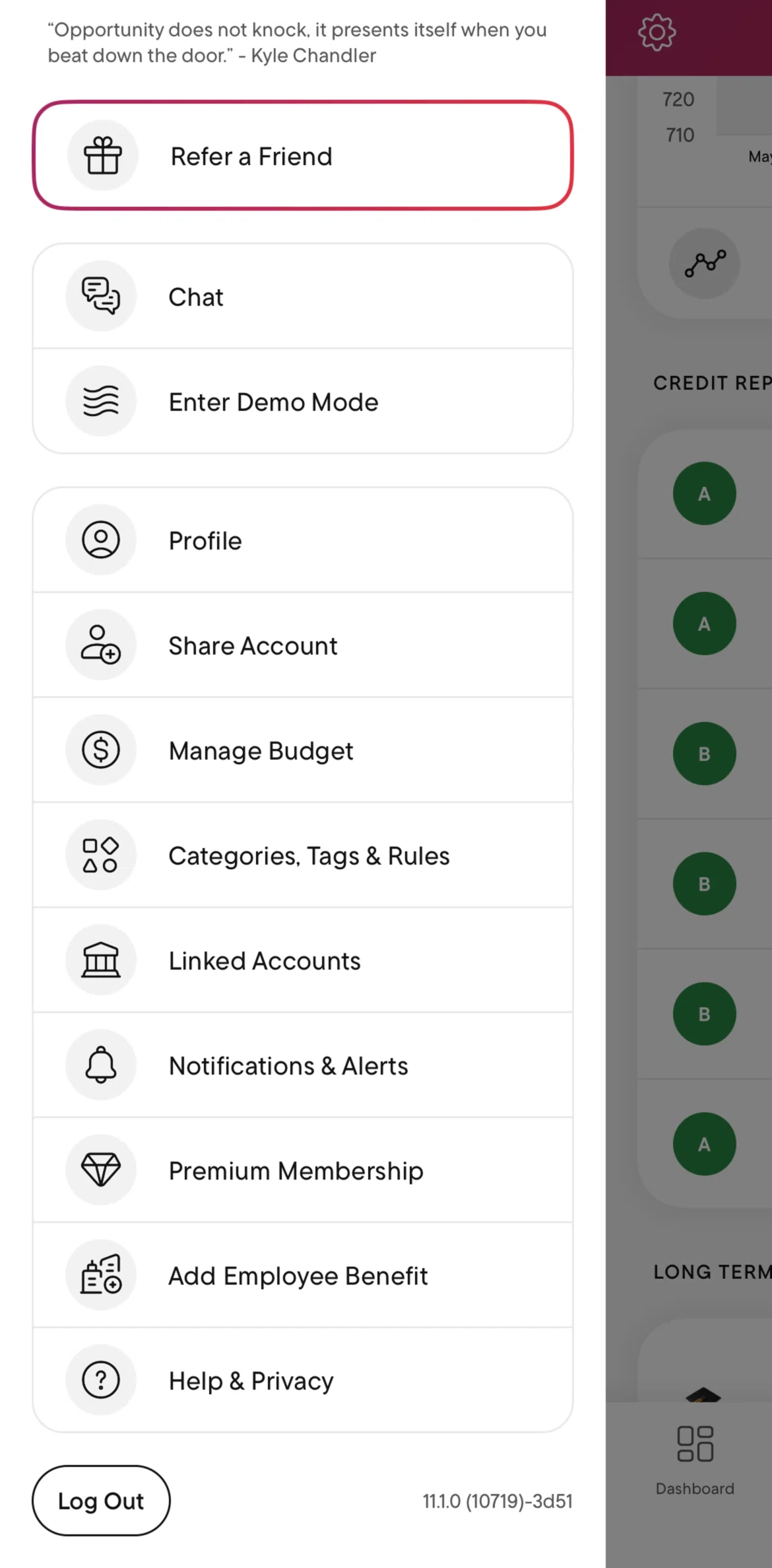 Rocket Money Screen screen in the Logging out flow