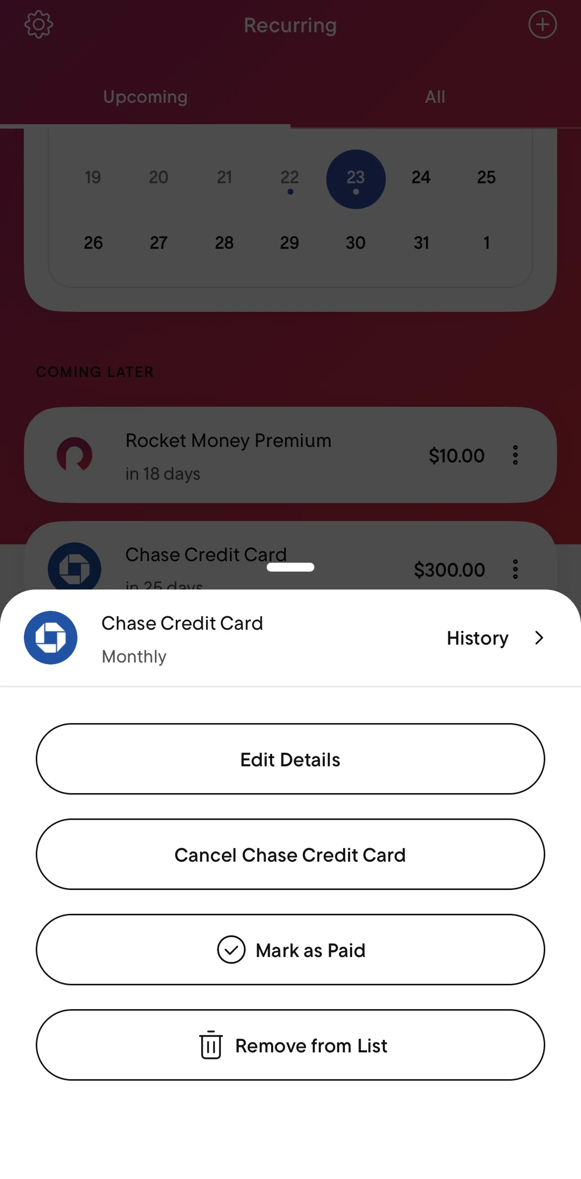 Rocket Money Screen screen in the Marking as paid flow