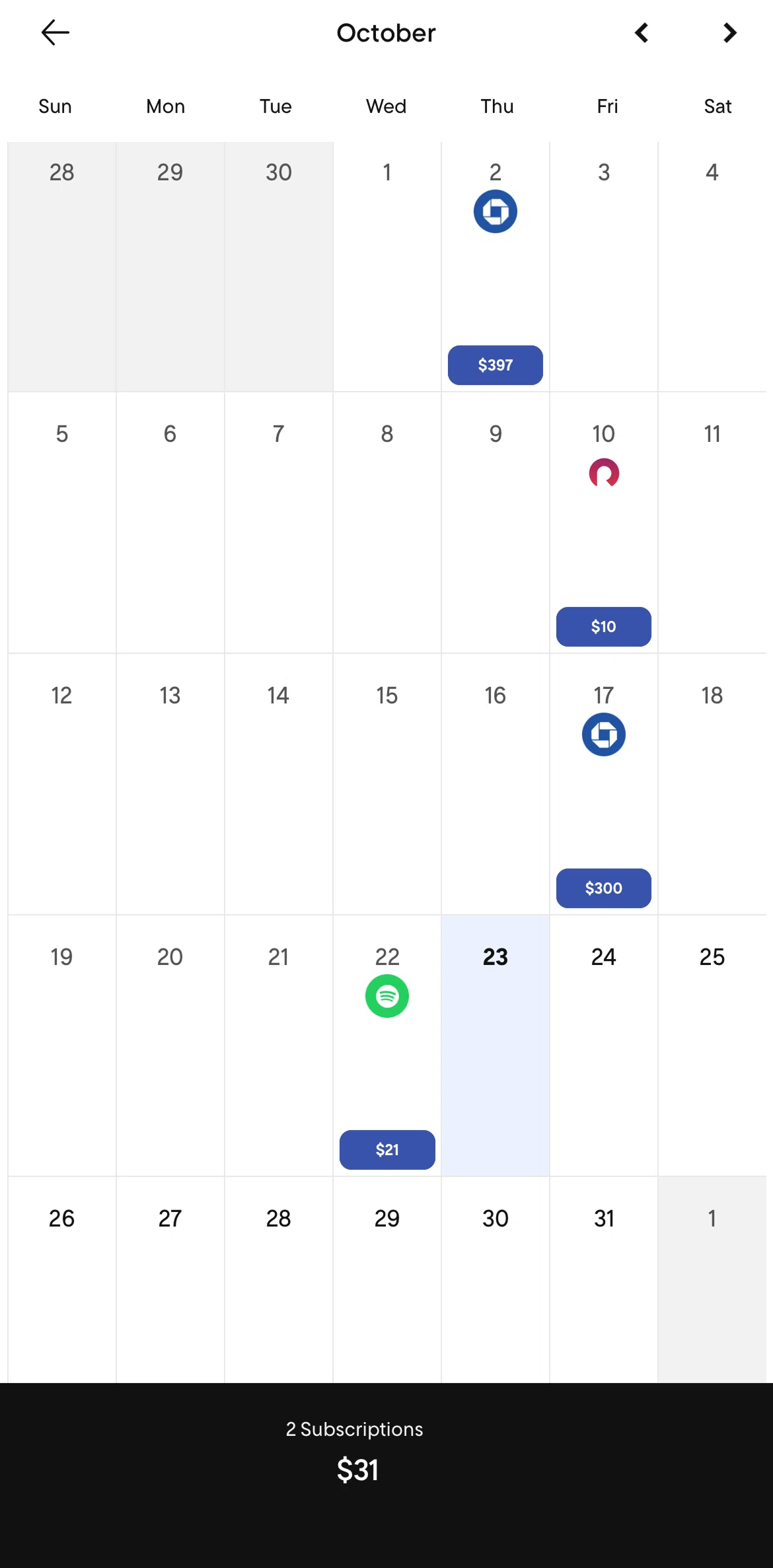 Rocket Money Screen screen in the Recurring charges (calendar view) flow