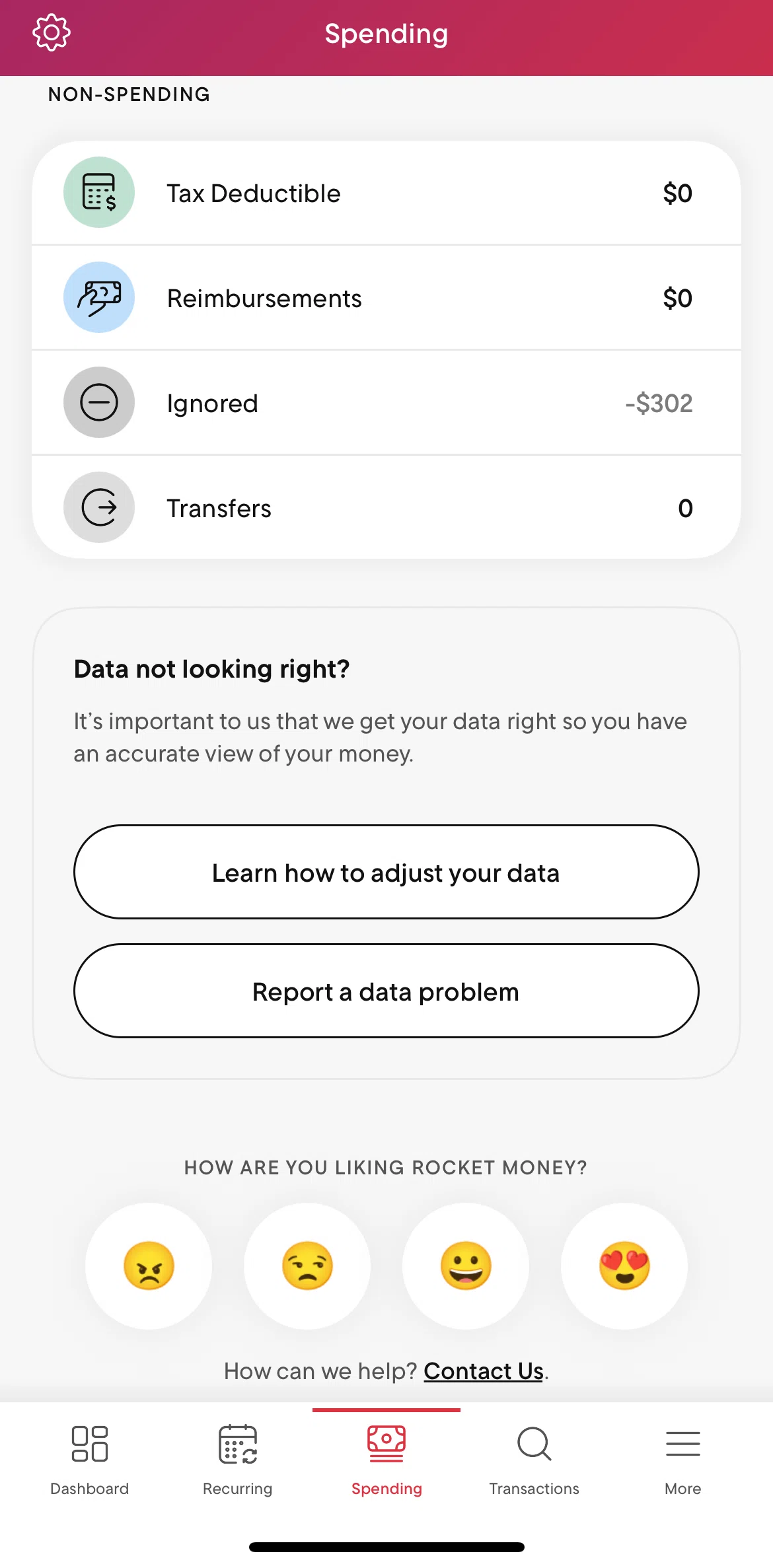 Rocket Money Screen screen in the Reporting a data problem flow