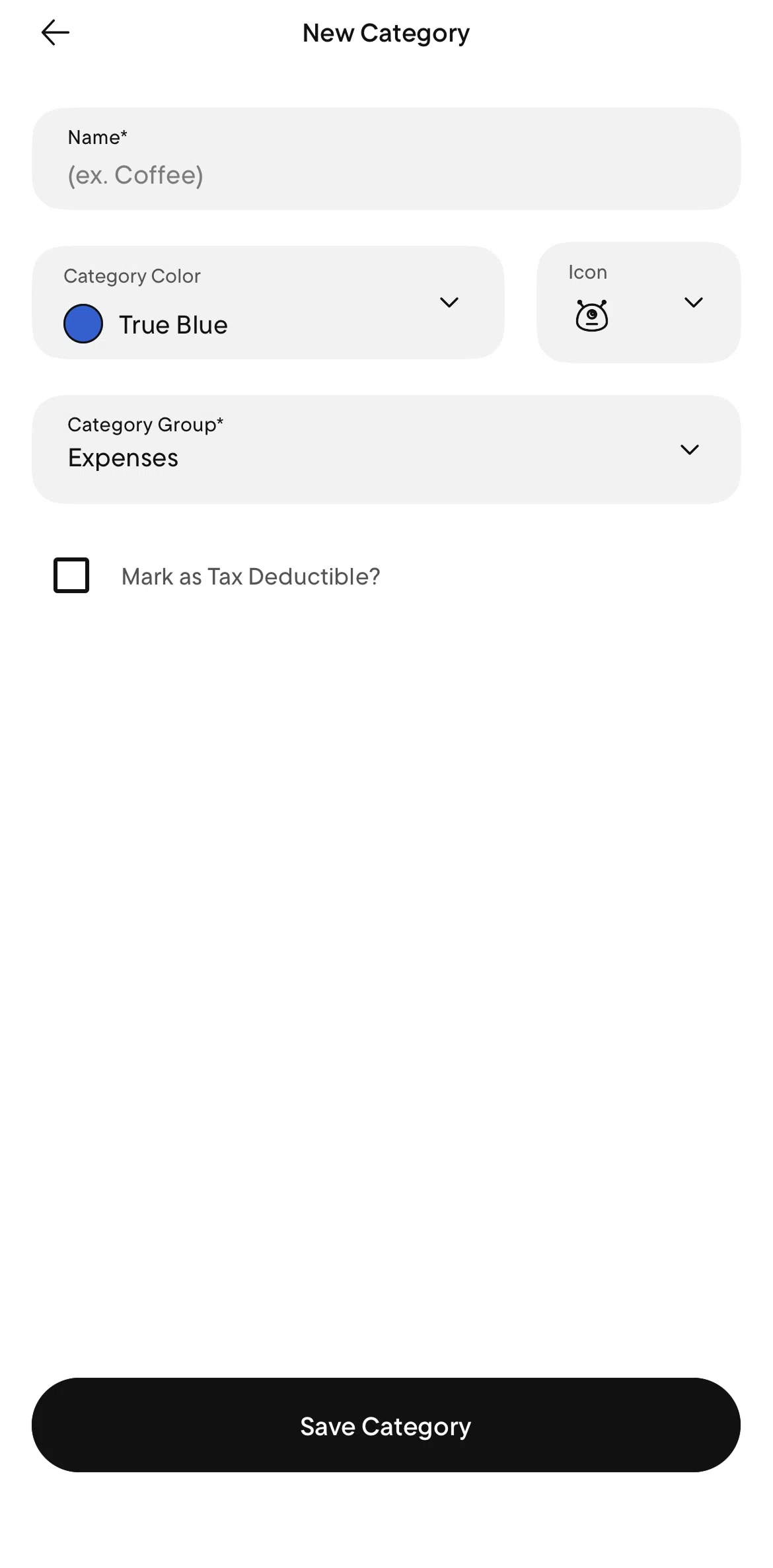 Rocket Money Screen screen in the Selecting a category icon flow