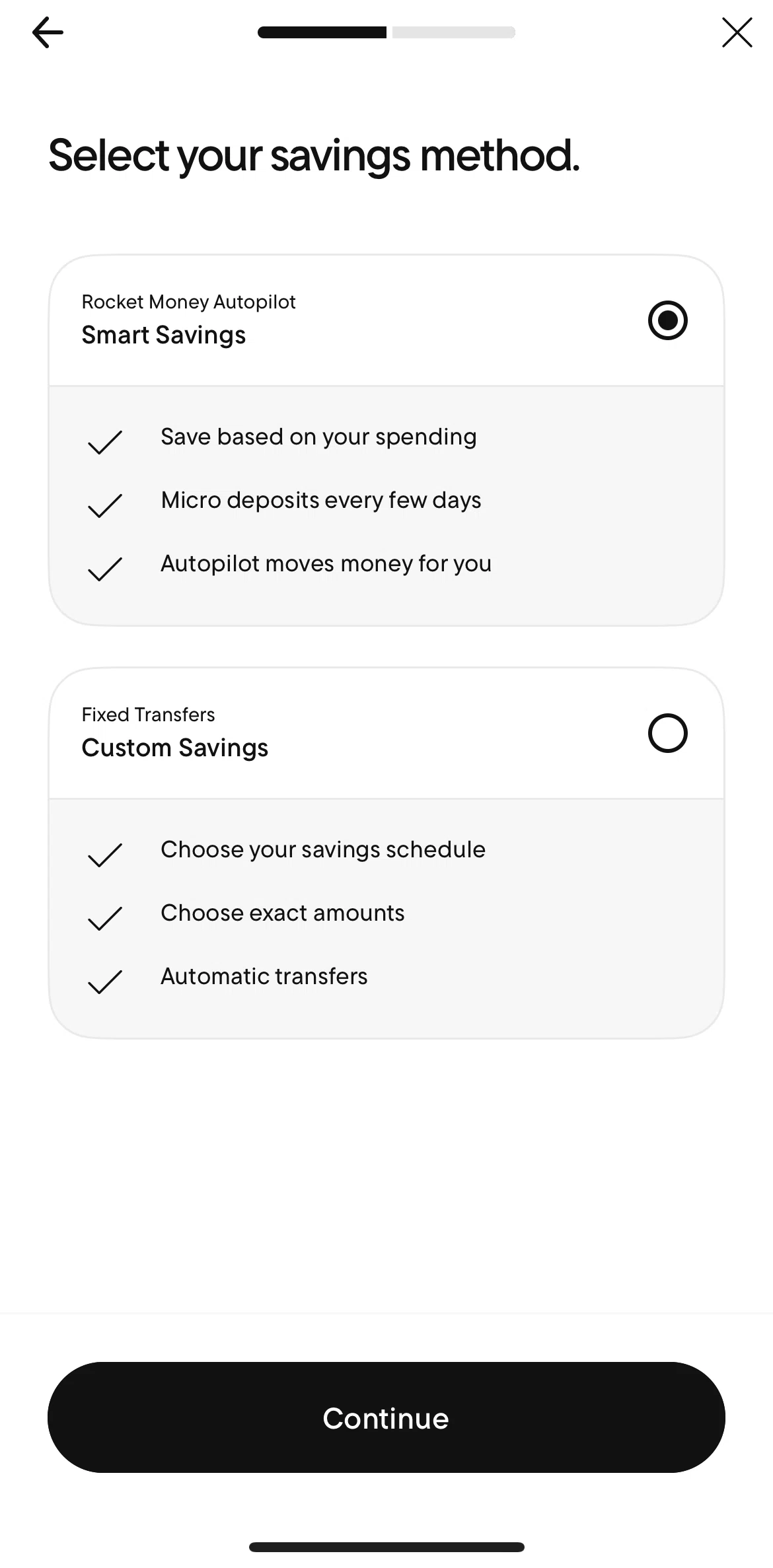 Rocket Money Screen screen in the Setting up saving goals (custom savings) flow