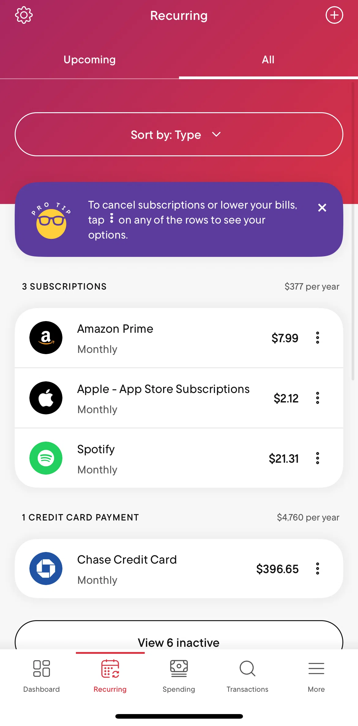Rocket Money Screen screen in the Sorting subscriptions flow
