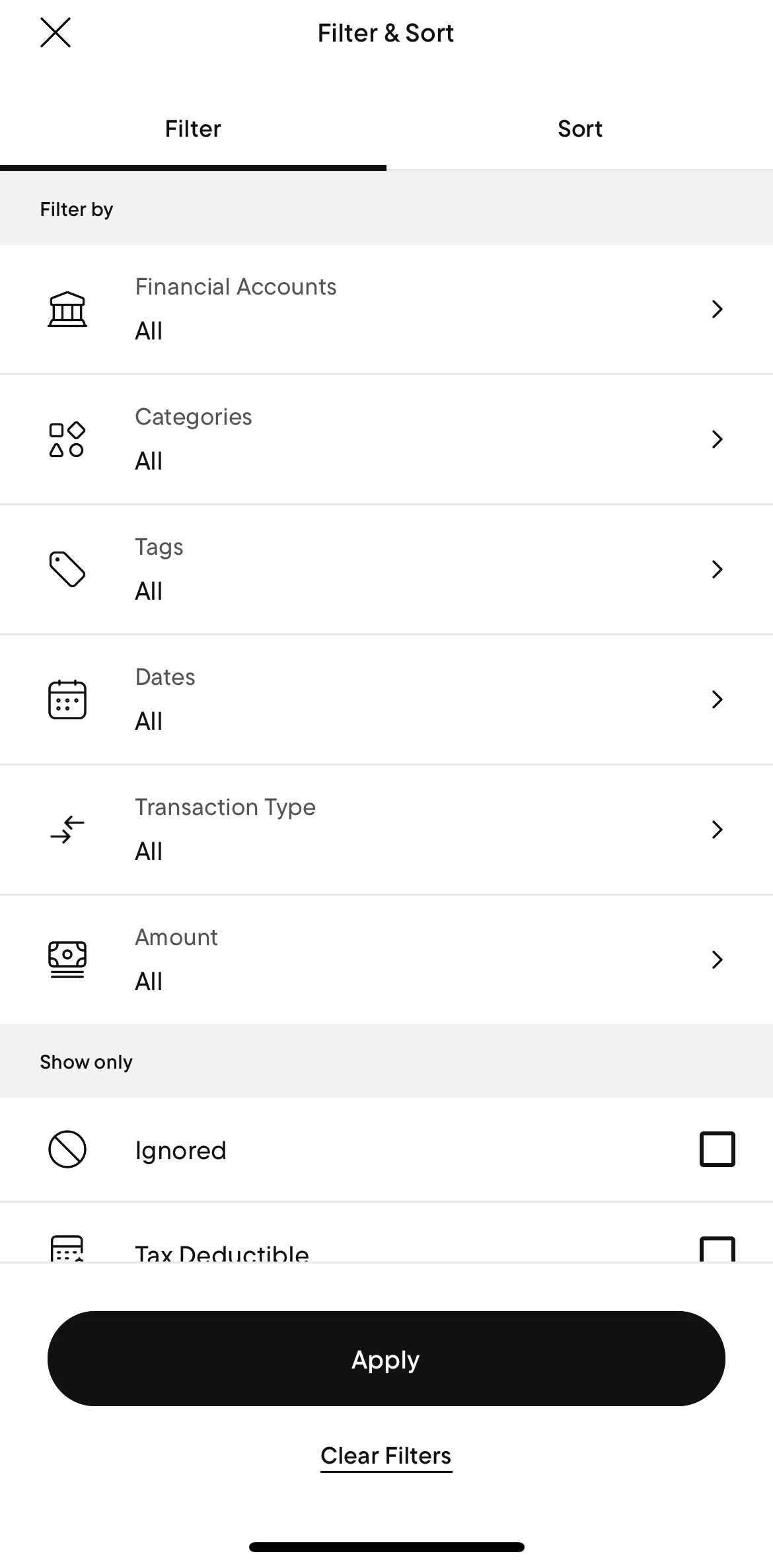 Rocket Money Screen screen in the Sorting transactions flow