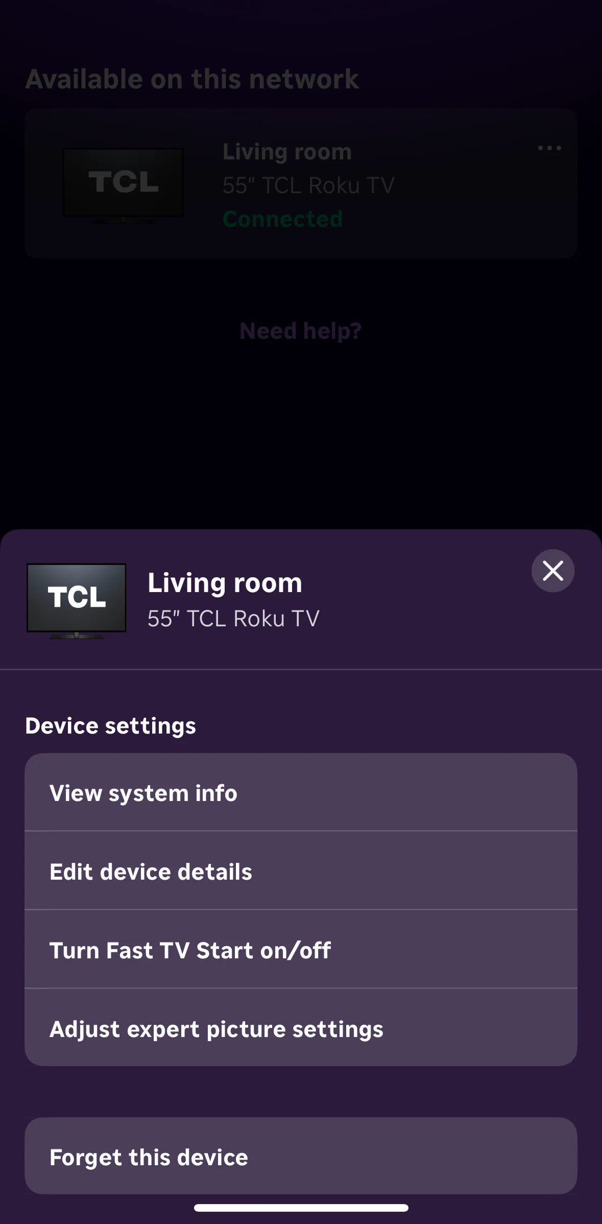 Roku Screen screen in the Adjust expert picture settings flow