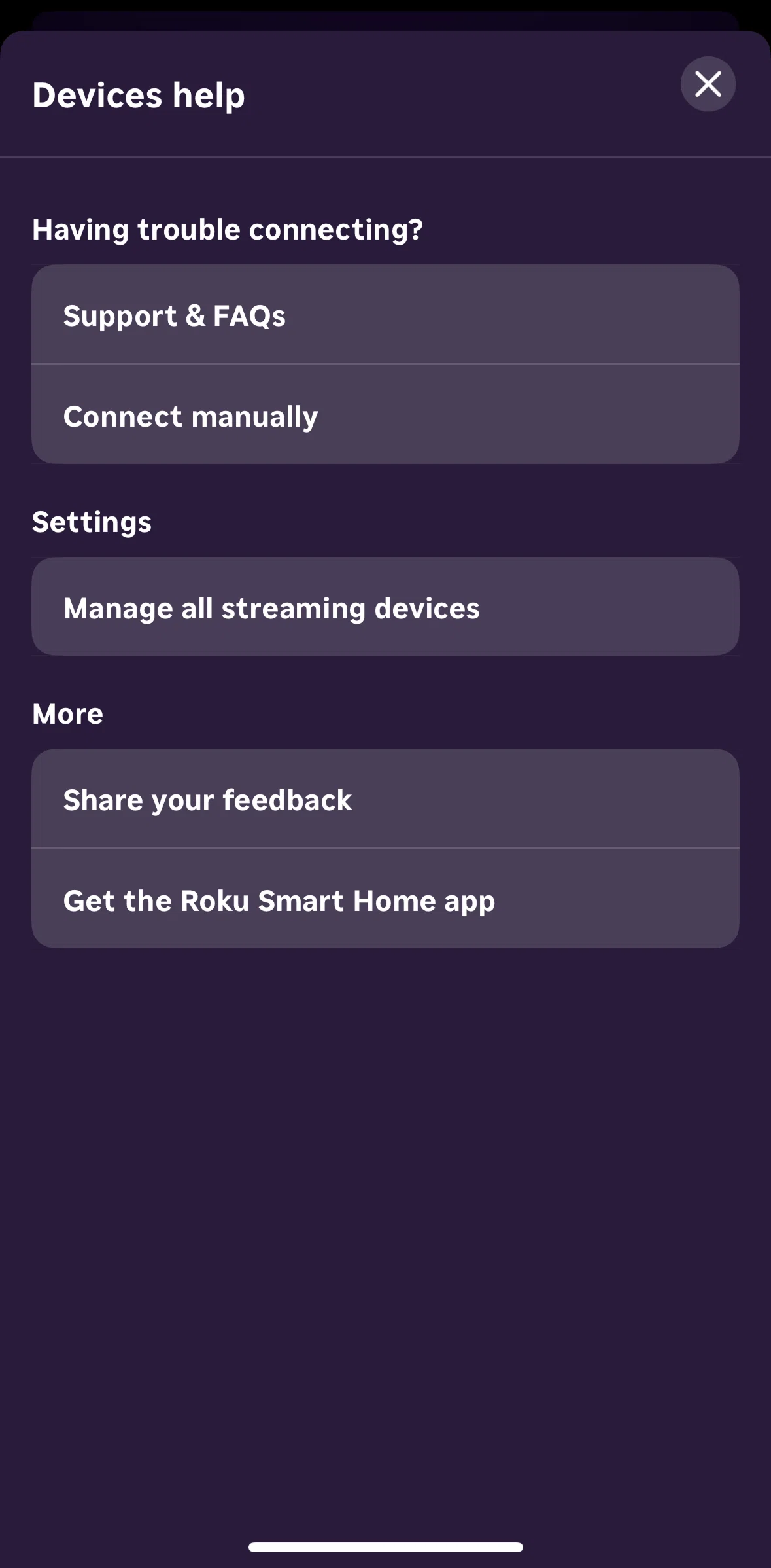 Roku Screen screen in the Changing a device location flow