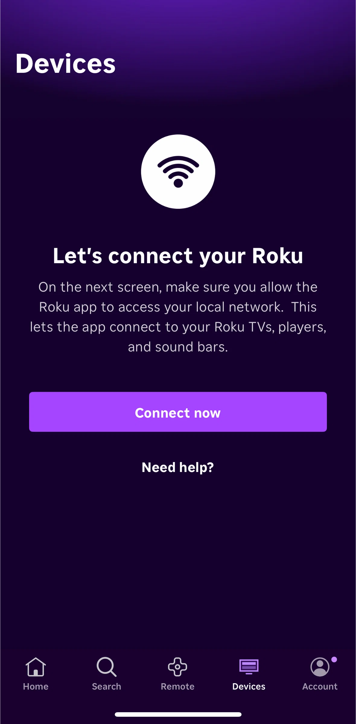 Roku Screen screen in the Connect device manually flow