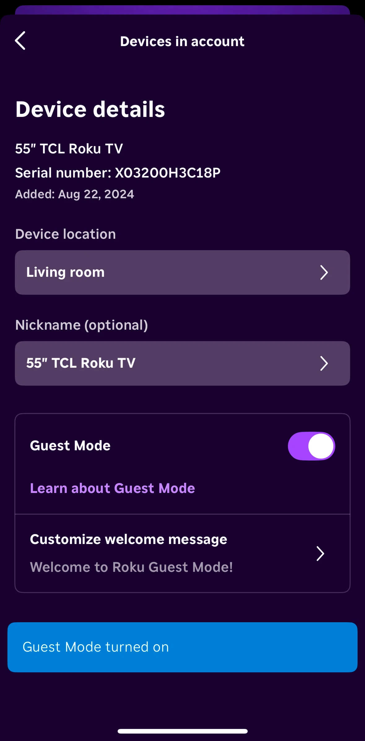 Roku Screen screen in the Customizing a welcome message flow