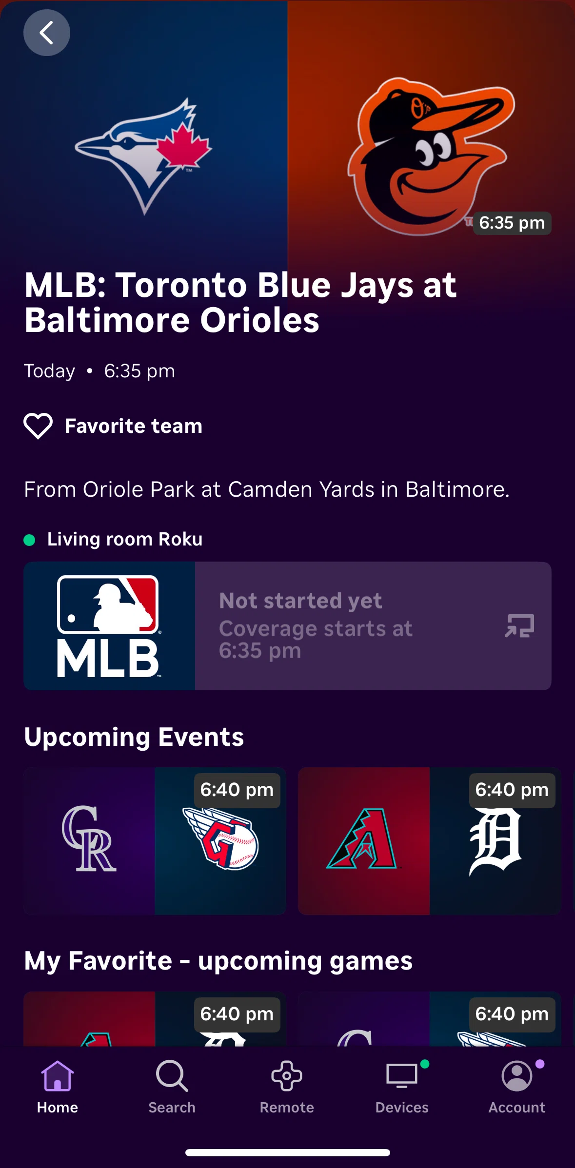 Roku Screen screen in the Selecting a favorite team flow