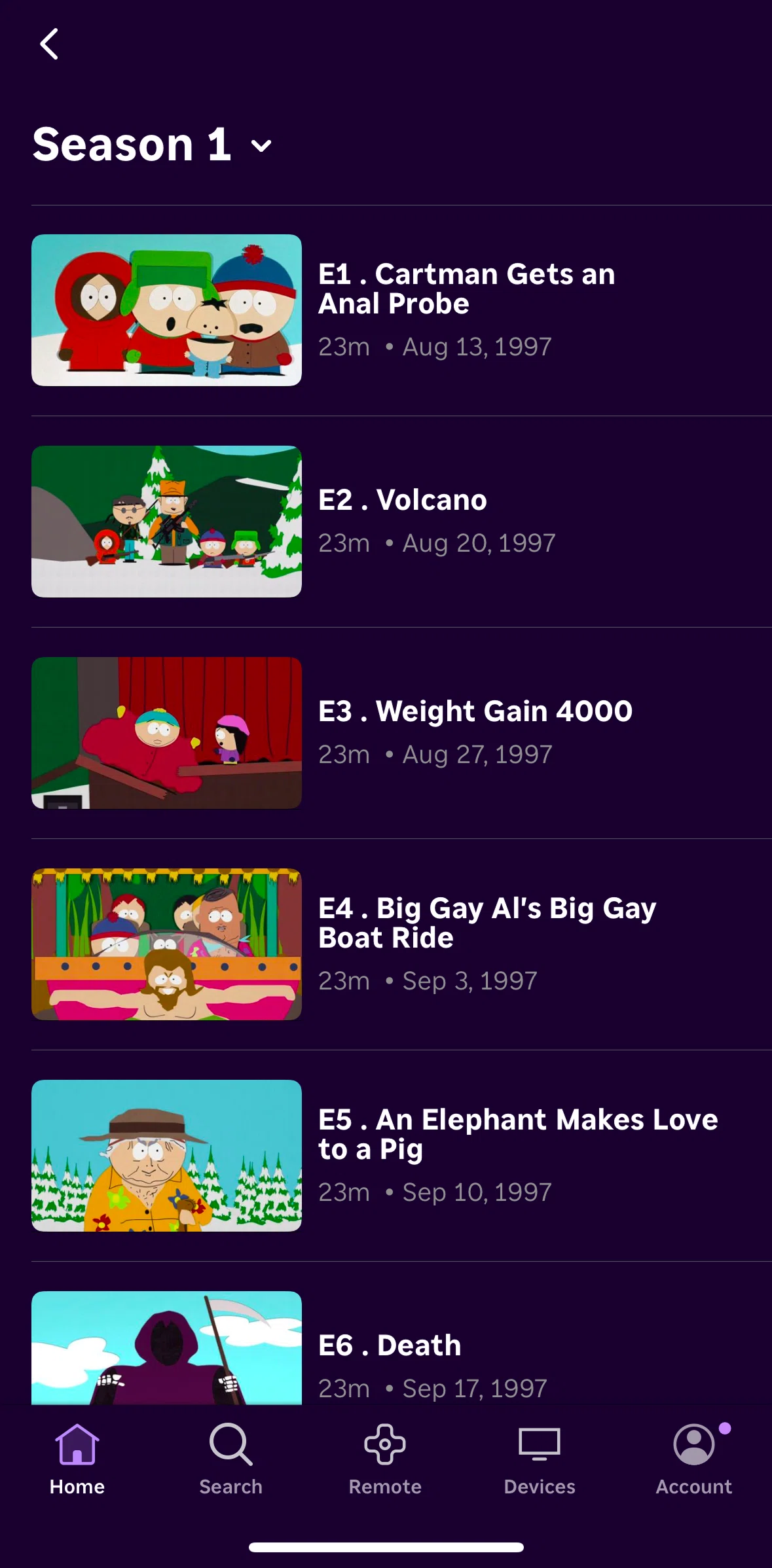 Roku Screen screen in the Selecting a season flow